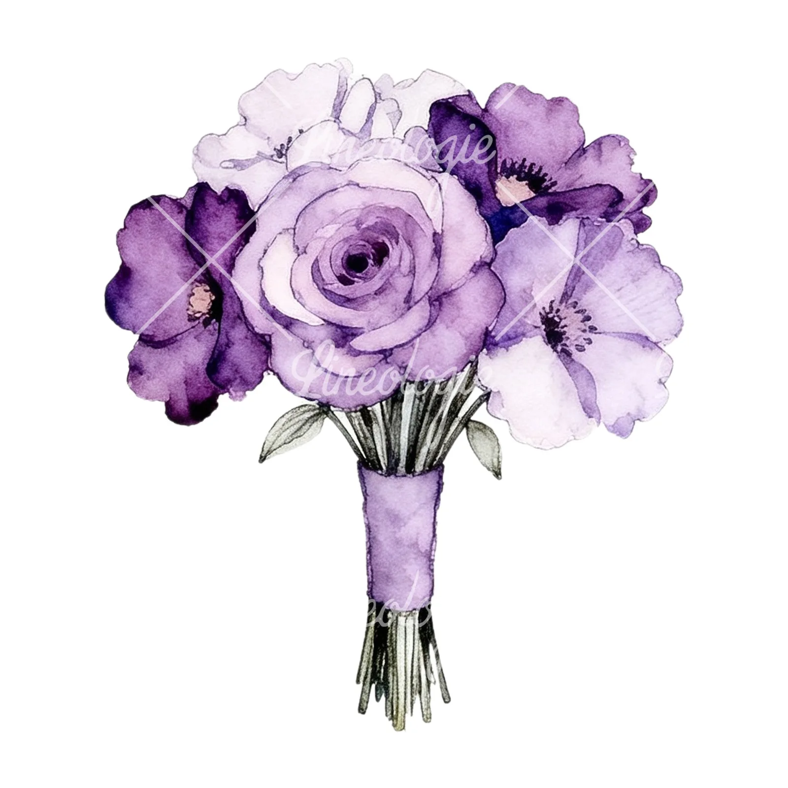Watercolor purple and pale pink wedding bouquet clipart 5 of 9 on a white background (JPG)