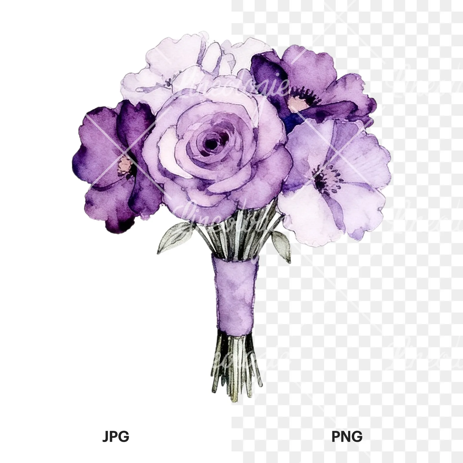 Watercolor purple and pale pink wedding bouquet clipart 5 of 9, as a JPG on white and a transparent PNG