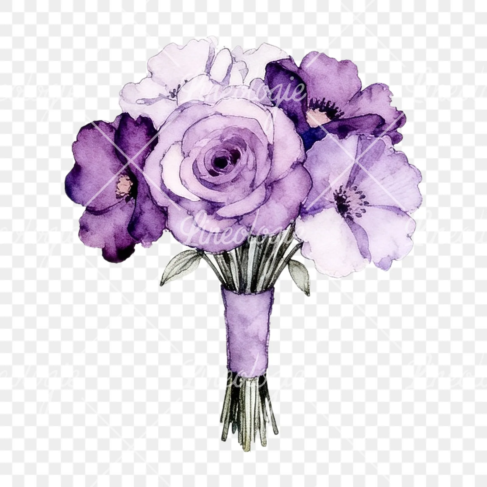 Watercolor purple and pale pink wedding bouquet clipart 5 of 9 on a transparent background (PNG)