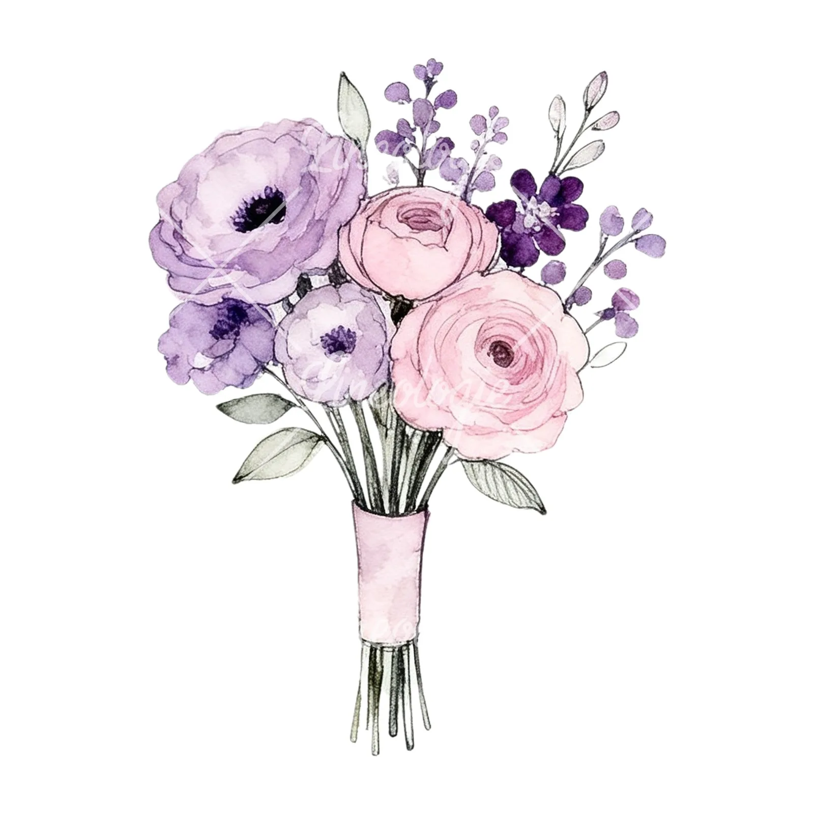 Watercolor purple and pale pink wedding bouquet clipart 6 of 9 on a white background (JPG)