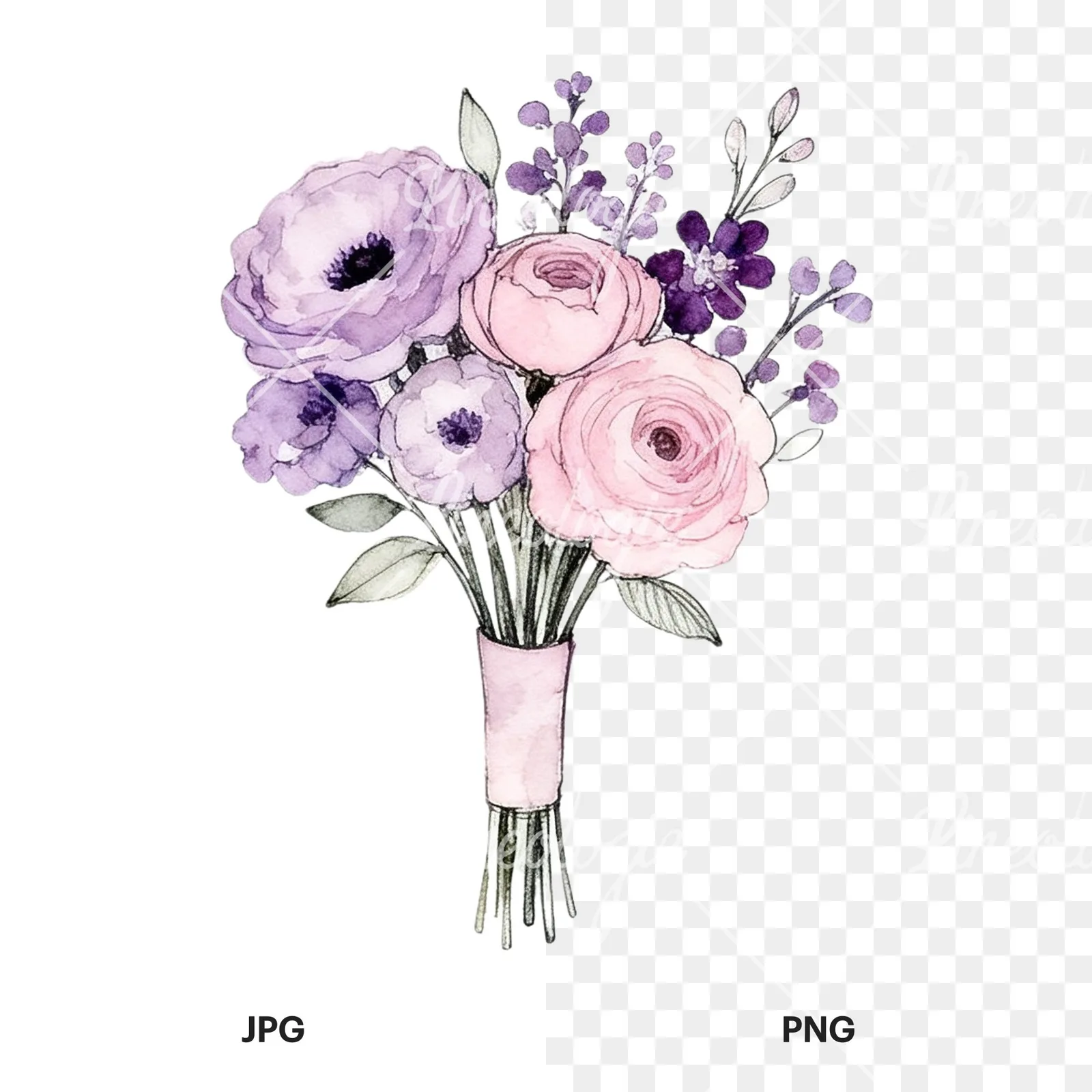 Watercolor purple and pale pink wedding bouquet clipart 6 of 9, as a JPG on white and a transparent PNG