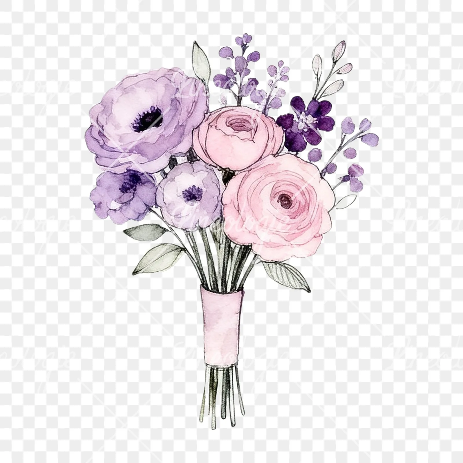 Watercolor purple and pale pink wedding bouquet clipart 6 of 9 on a transparent background (PNG)
