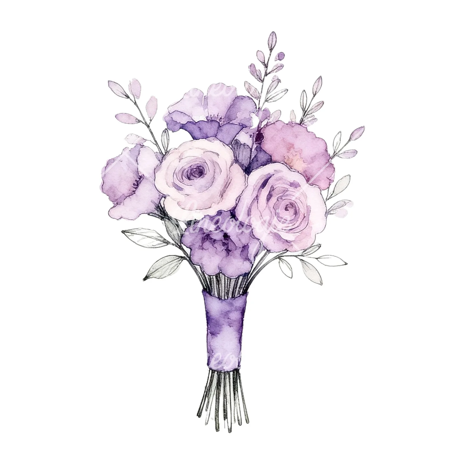 Watercolor purple and pale pink wedding bouquet clipart 8 of 9 on a white background (JPG)