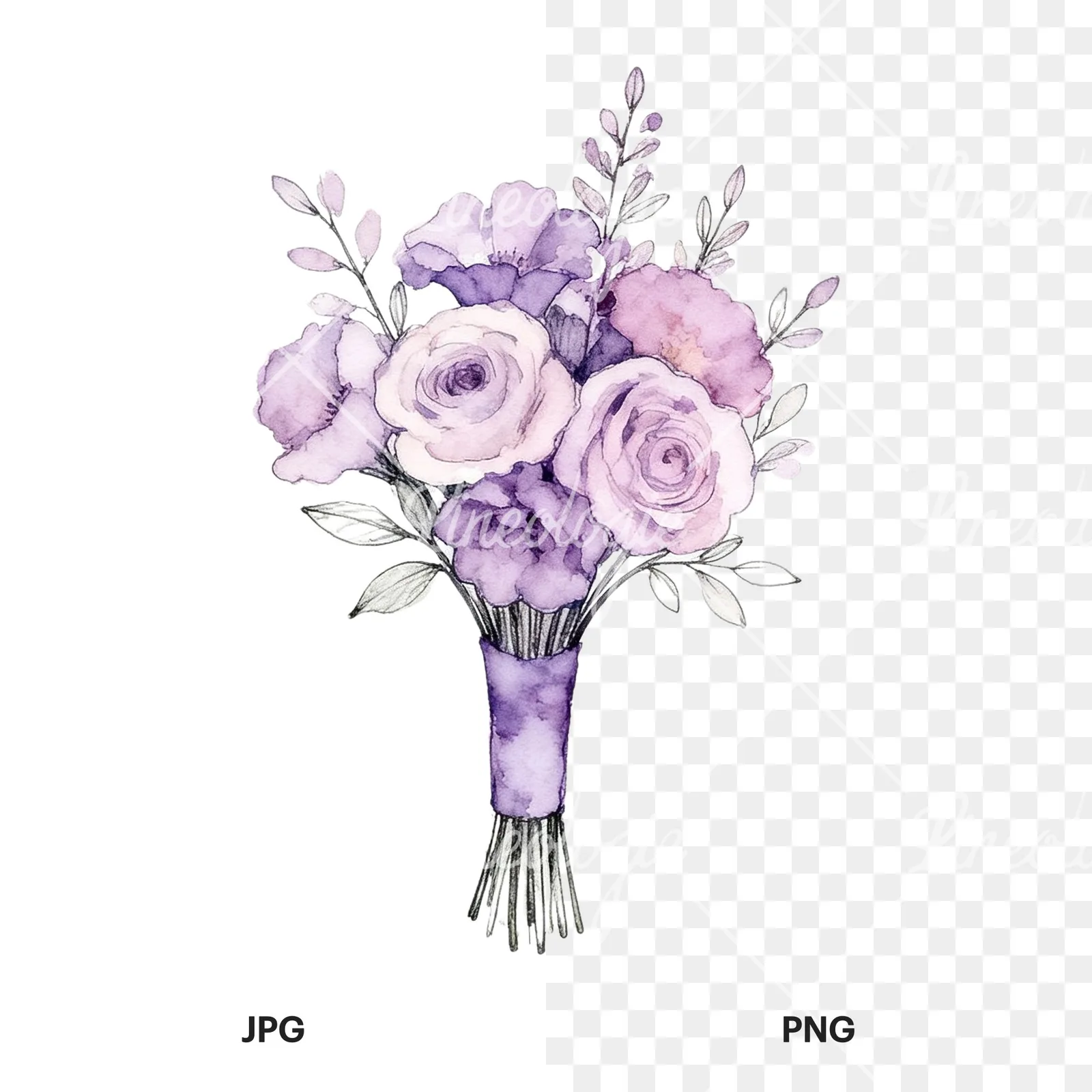Watercolor purple and pale pink wedding bouquet clipart 8 of 9, as a JPG on white and a transparent PNG