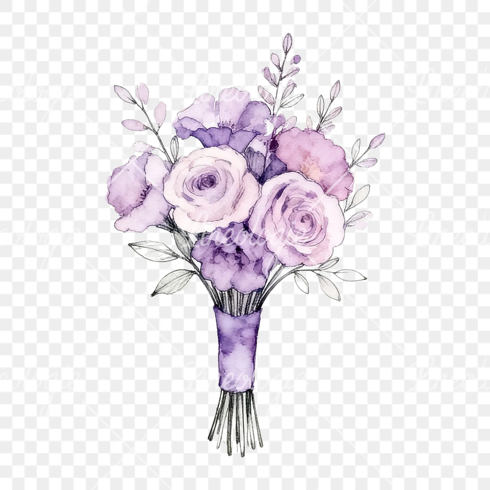 Watercolor purple and pale pink wedding bouquet clipart 8 of 9 on a transparent background (PNG)