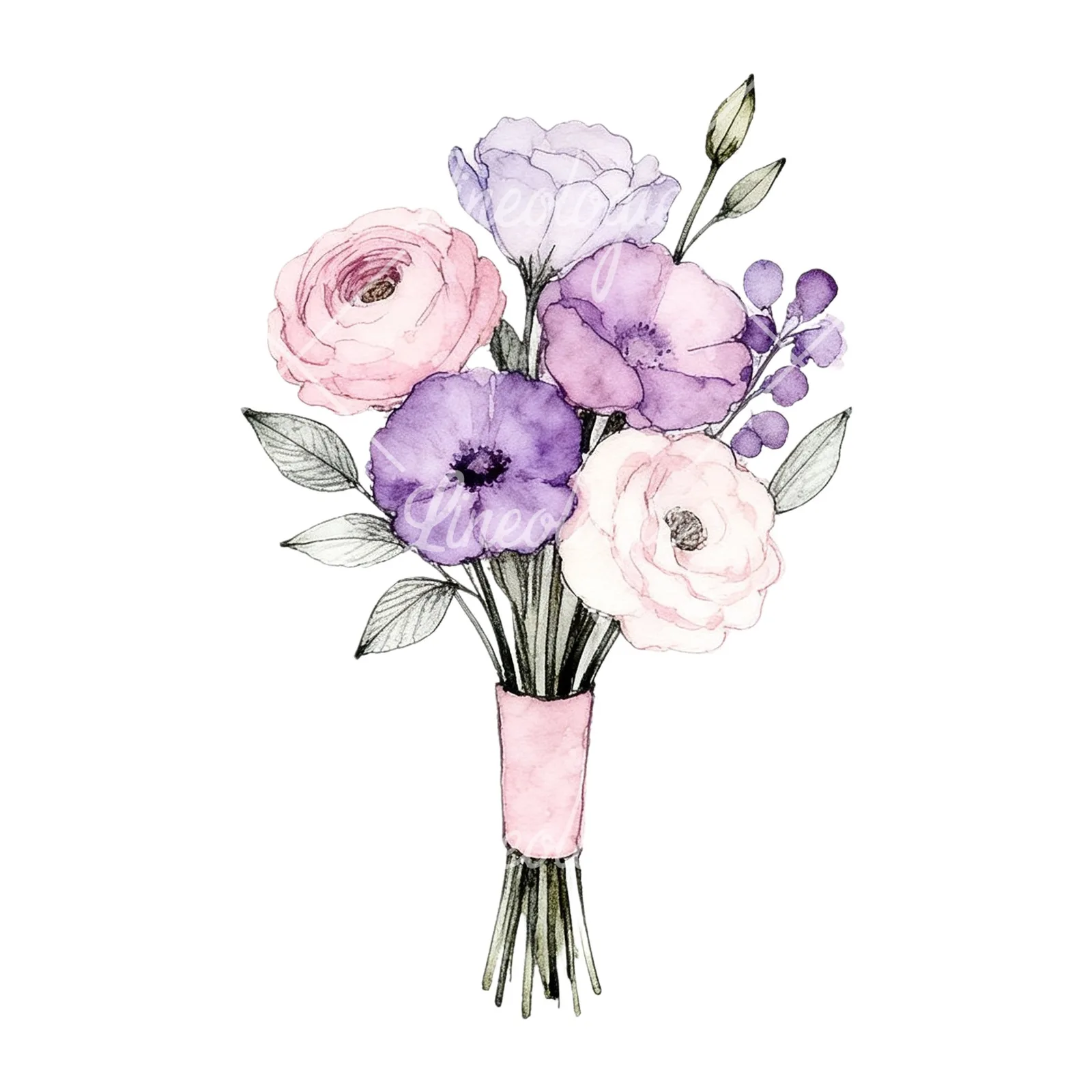 Watercolor purple and pale pink wedding bouquet clipart 9 of 9 on a white background (JPG)