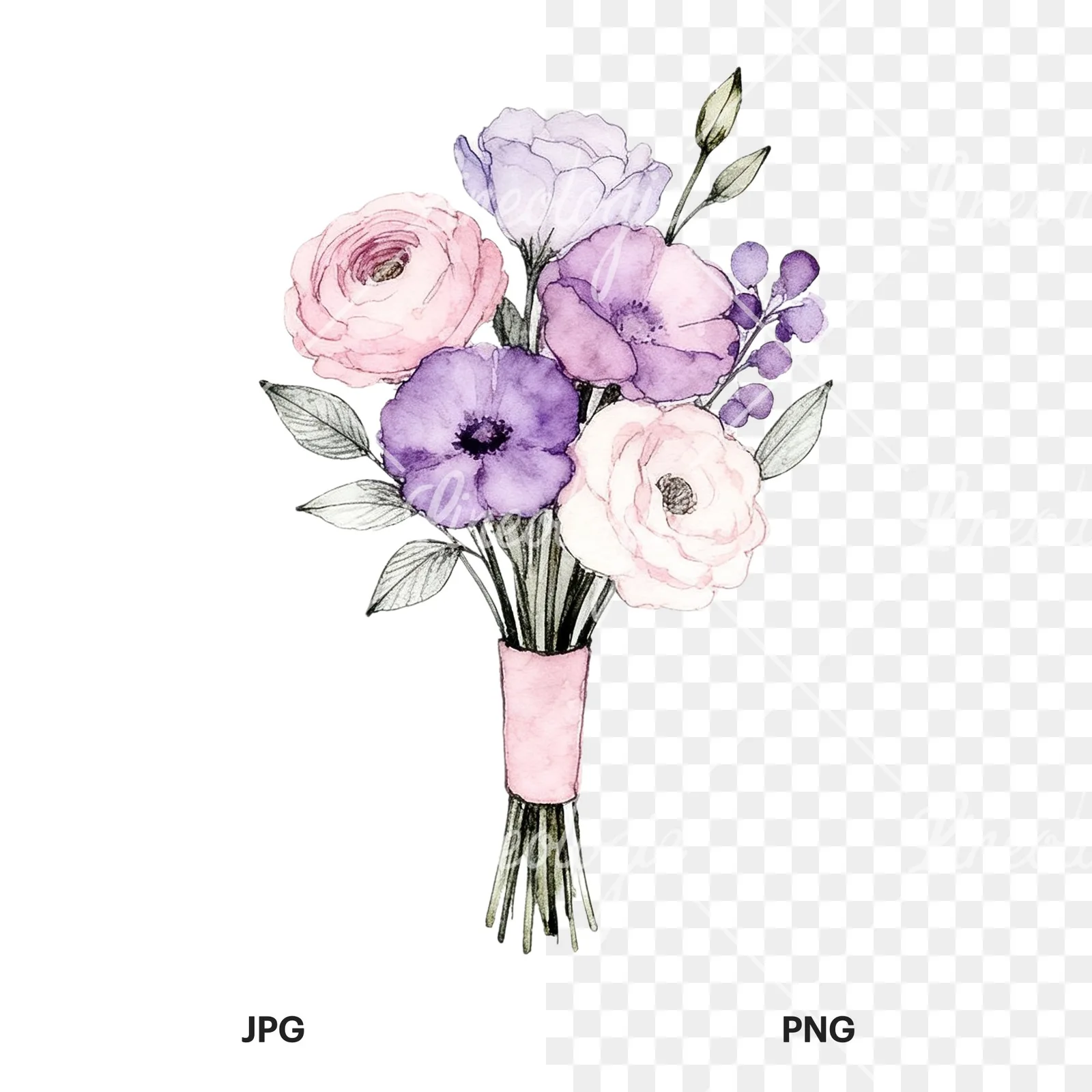 Watercolor purple and pale pink wedding bouquet clipart 9 of 9, as a JPG on white and a transparent PNG
