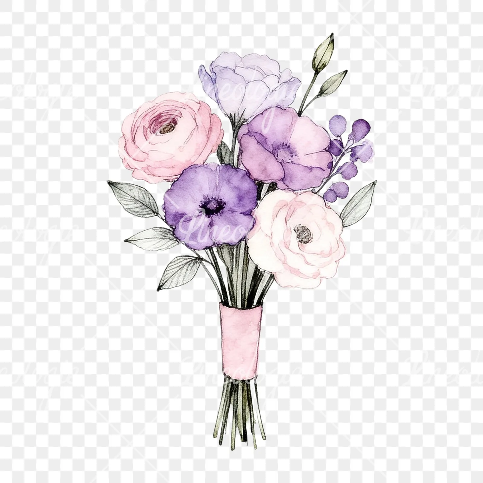 Watercolor purple and pale pink wedding bouquet clipart 9 of 9 on a transparent background (PNG)