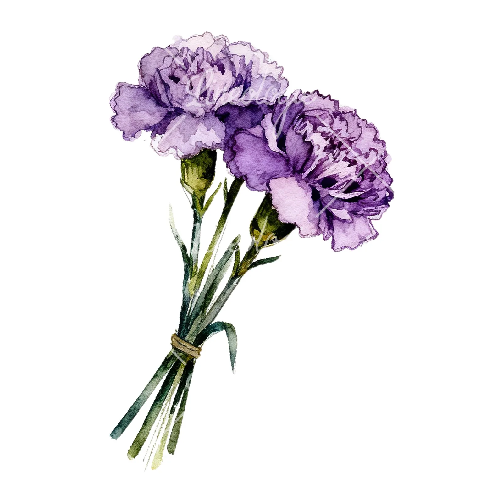 Watercolor deep purple carnation bouquet clipart 1 of 9 on a white background (JPG)