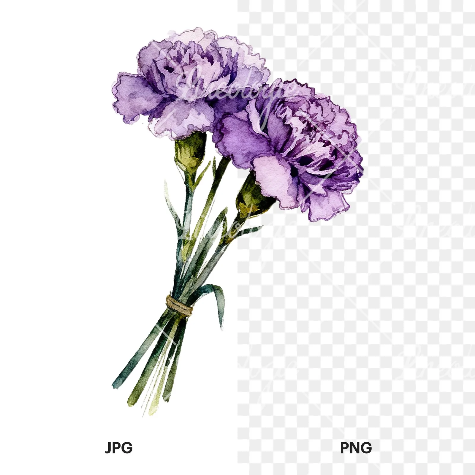 Watercolor deep purple carnation bouquet clipart 1 of 9, as a JPG on white and a transparent PNG