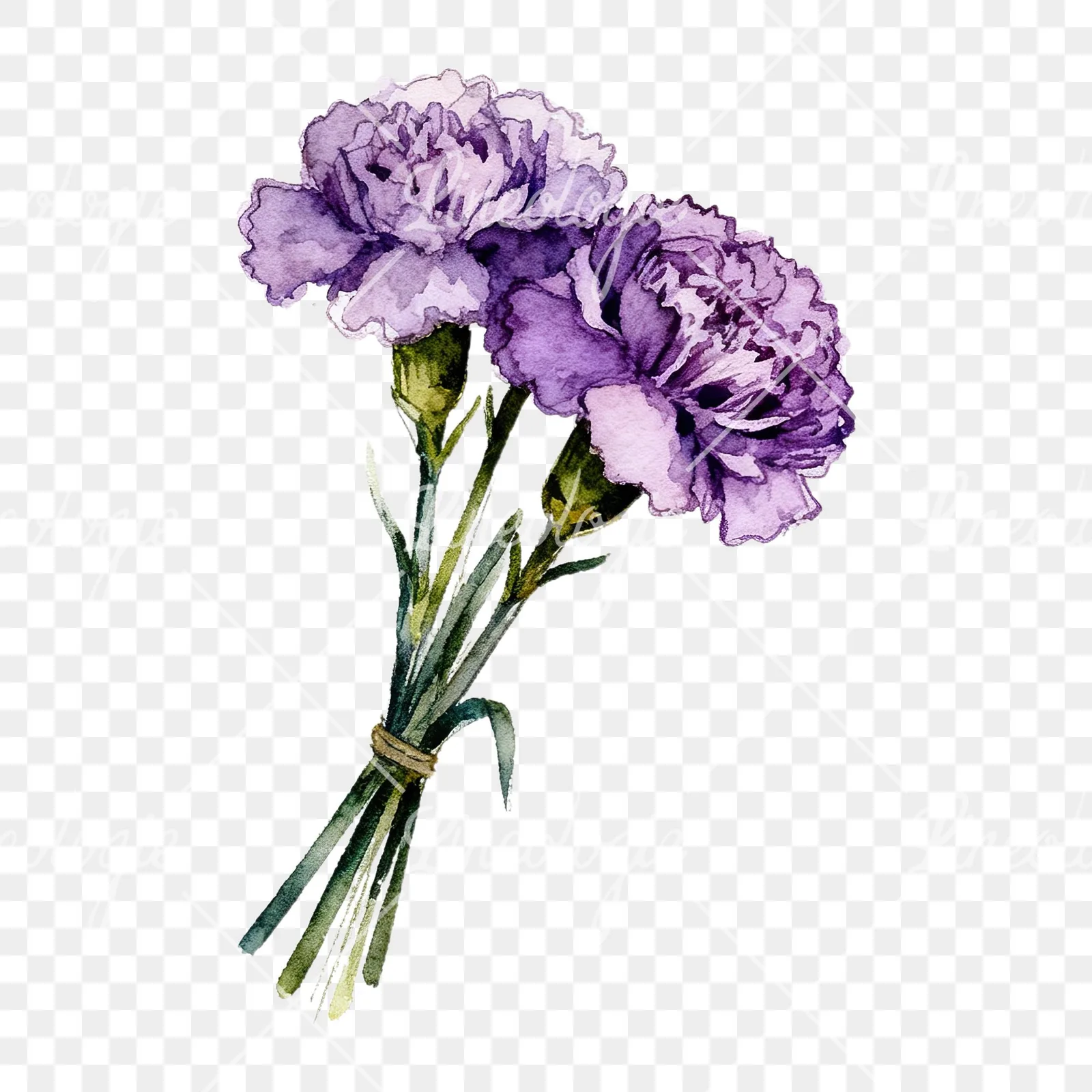 Watercolor deep purple carnation bouquet clipart 1 of 9 on a transparent background (PNG)