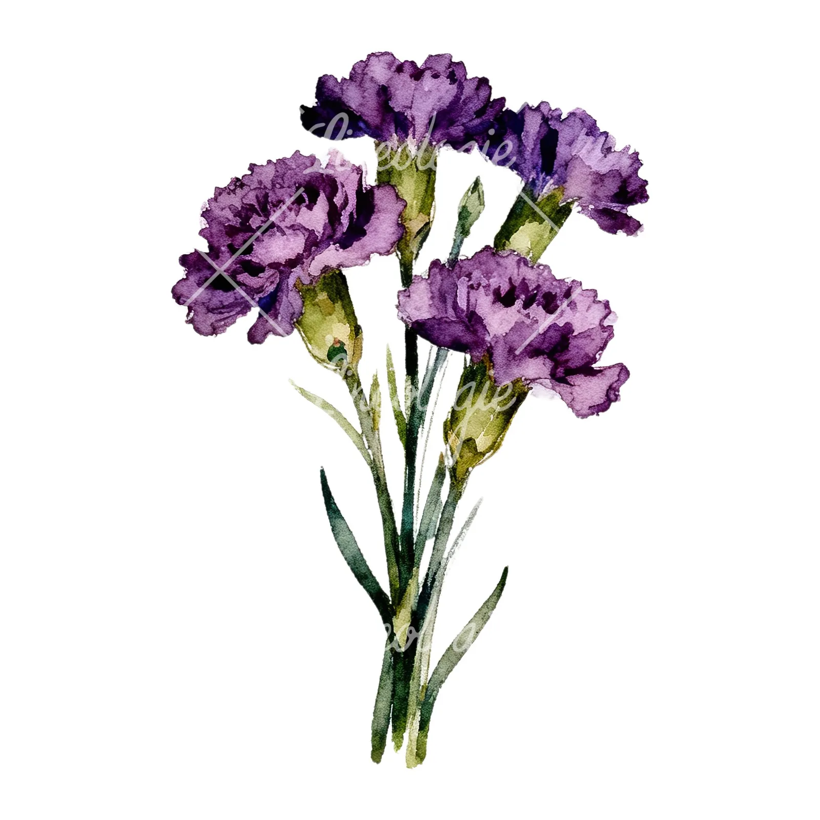 Watercolor deep purple carnation bouquet clipart 2 of 9 on a white background (JPG)
