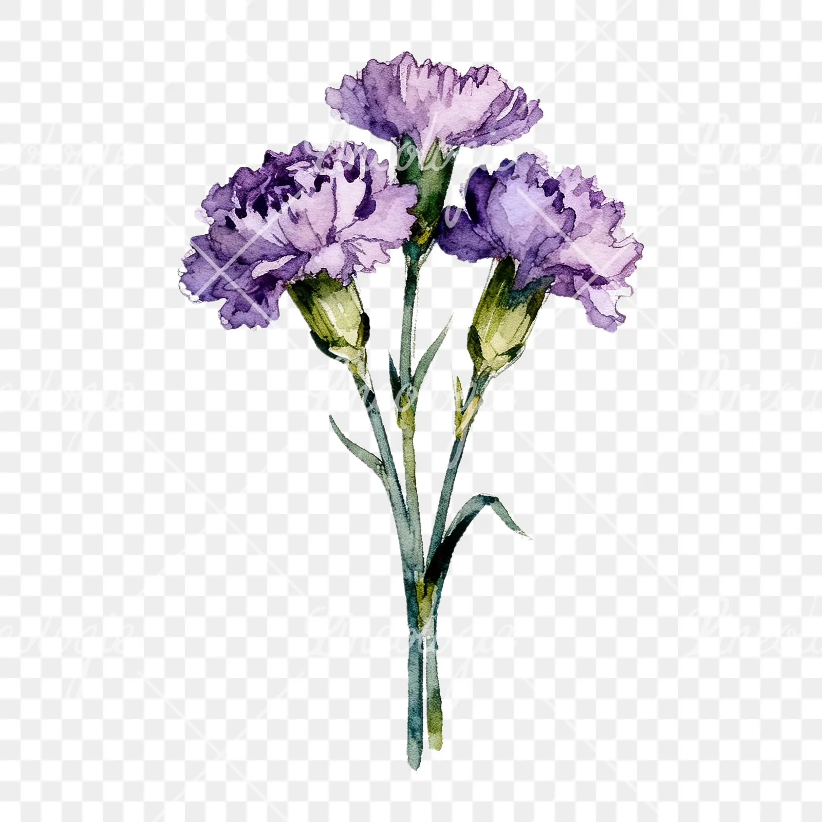 Watercolor deep purple carnation bouquet clipart 3 of 9 on a transparent background (PNG)
