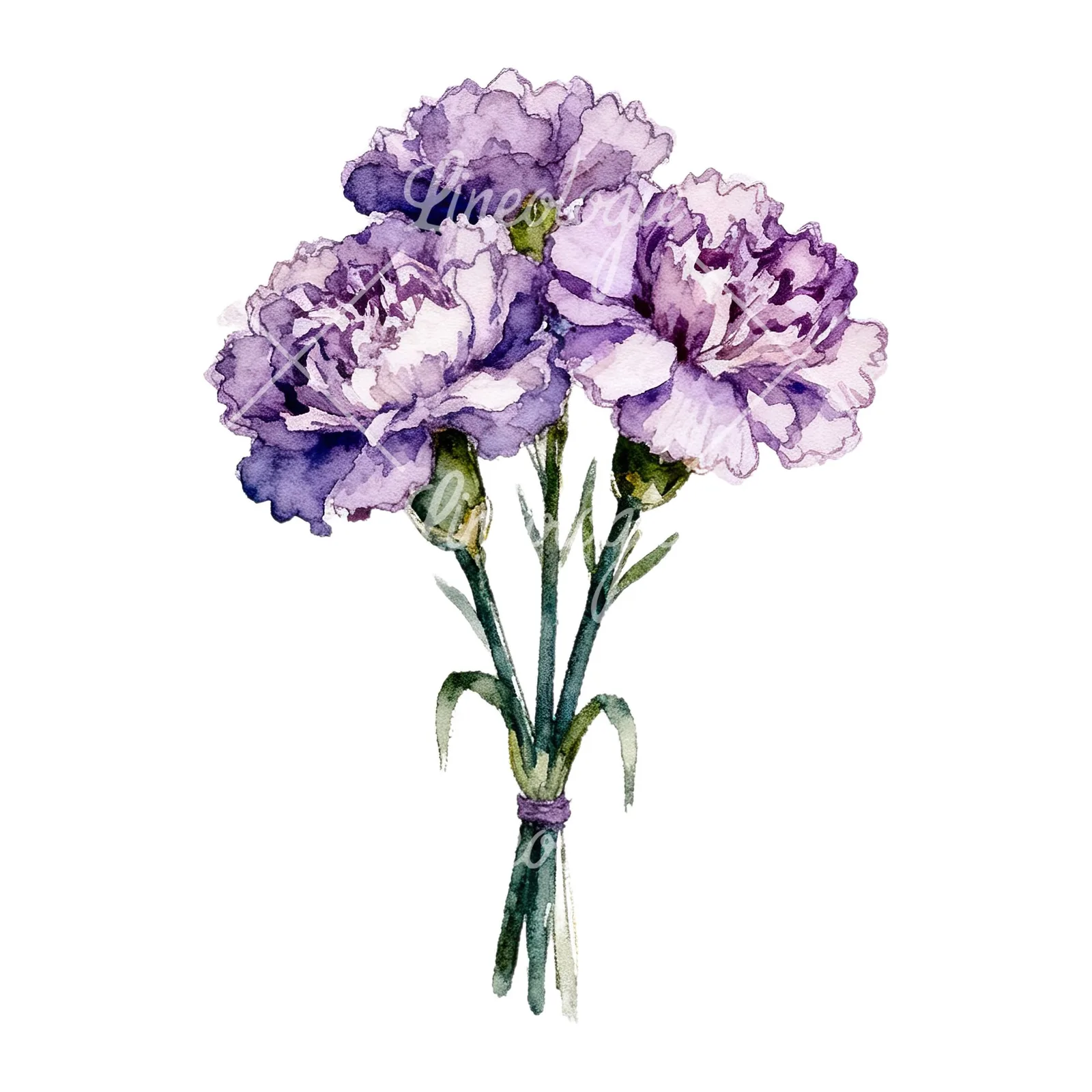 Watercolor deep purple carnation bouquet clipart 4 of 9 on a white background (JPG)
