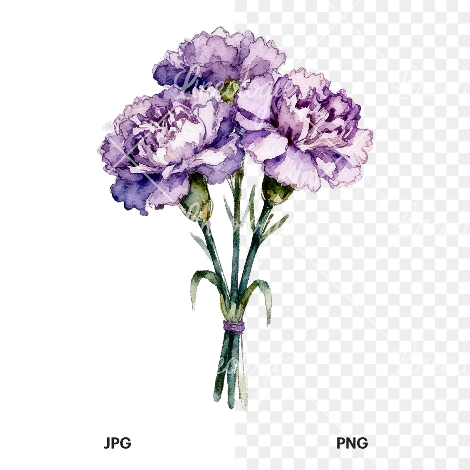 Watercolor deep purple carnation bouquet clipart 4 of 9, as a JPG on white and a transparent PNG