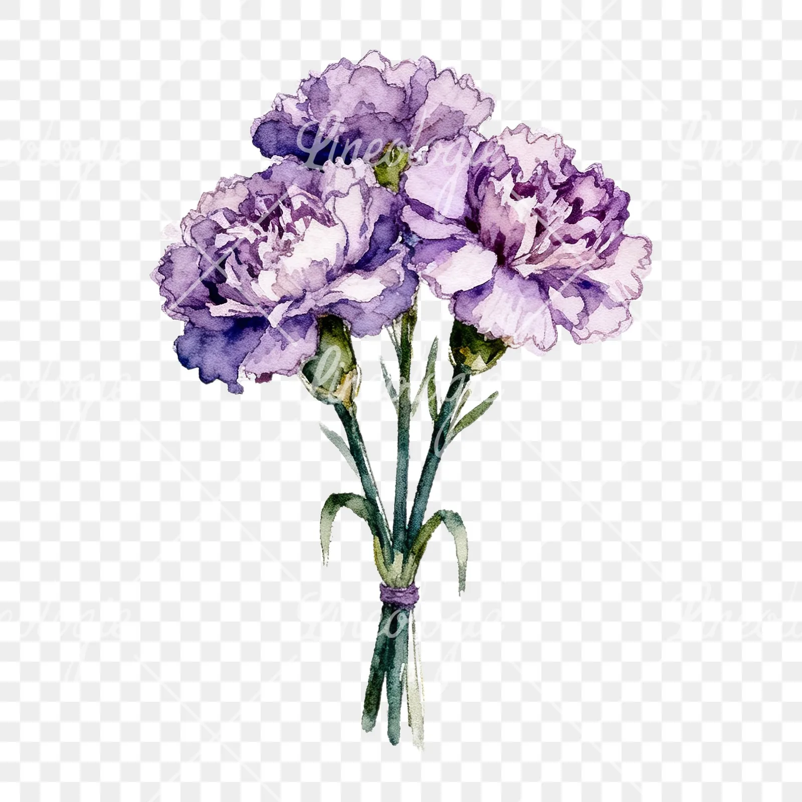 Watercolor deep purple carnation bouquet clipart 4 of 9 on a transparent background (PNG)