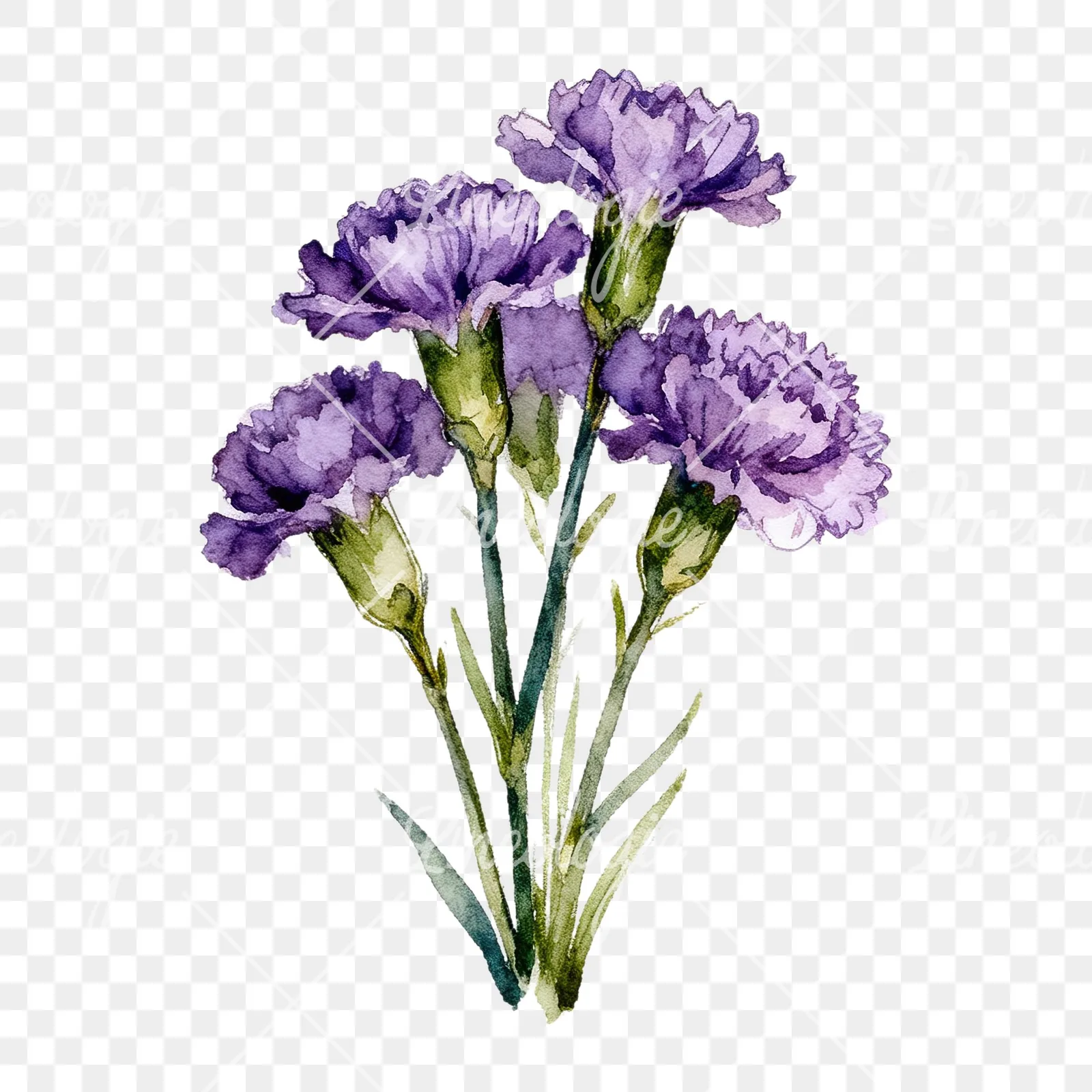 Watercolor deep purple carnation bouquet clipart 5 of 9 on a transparent background (PNG)