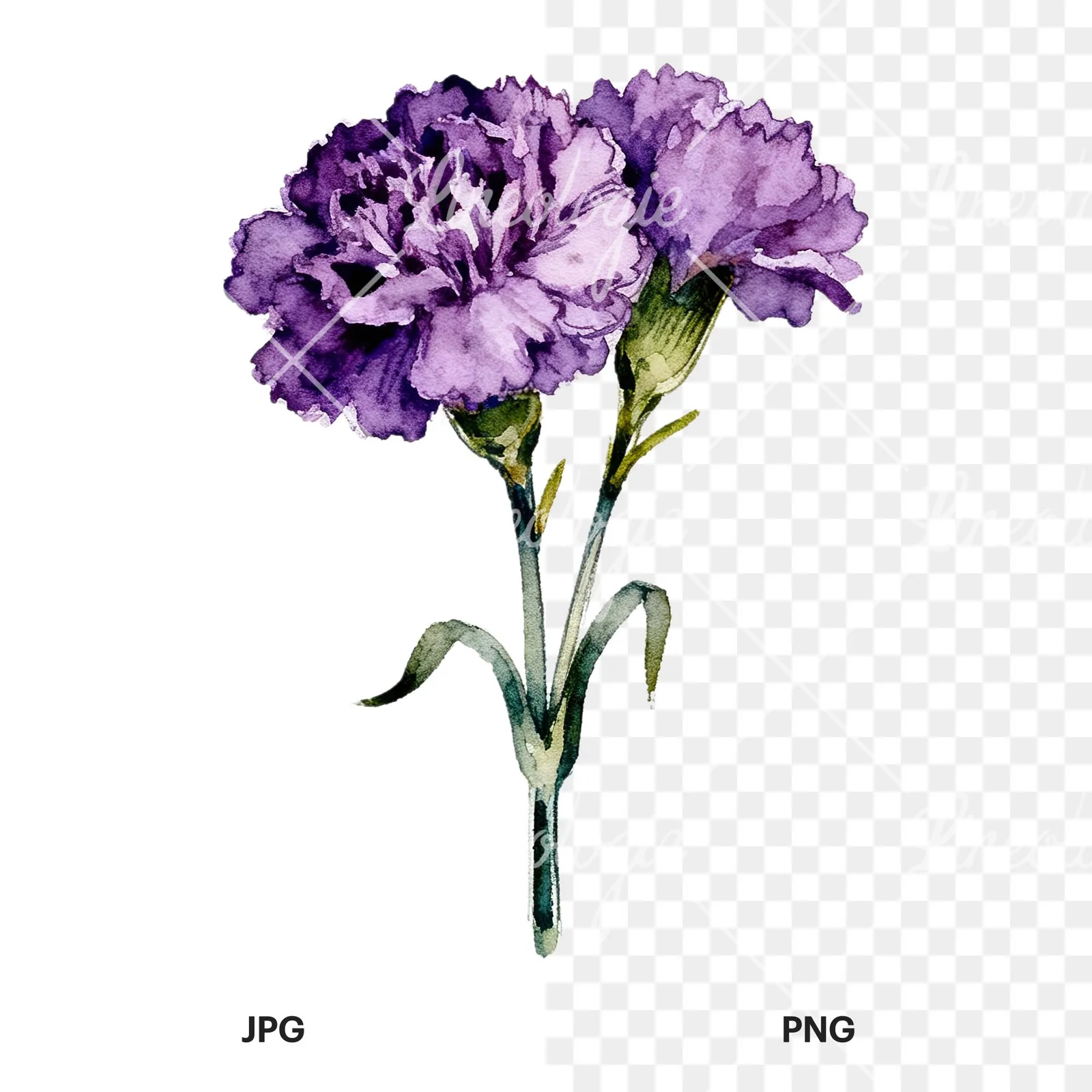 Watercolor deep purple carnation bouquet clipart 6 of 9, as a JPG on white and a transparent PNG