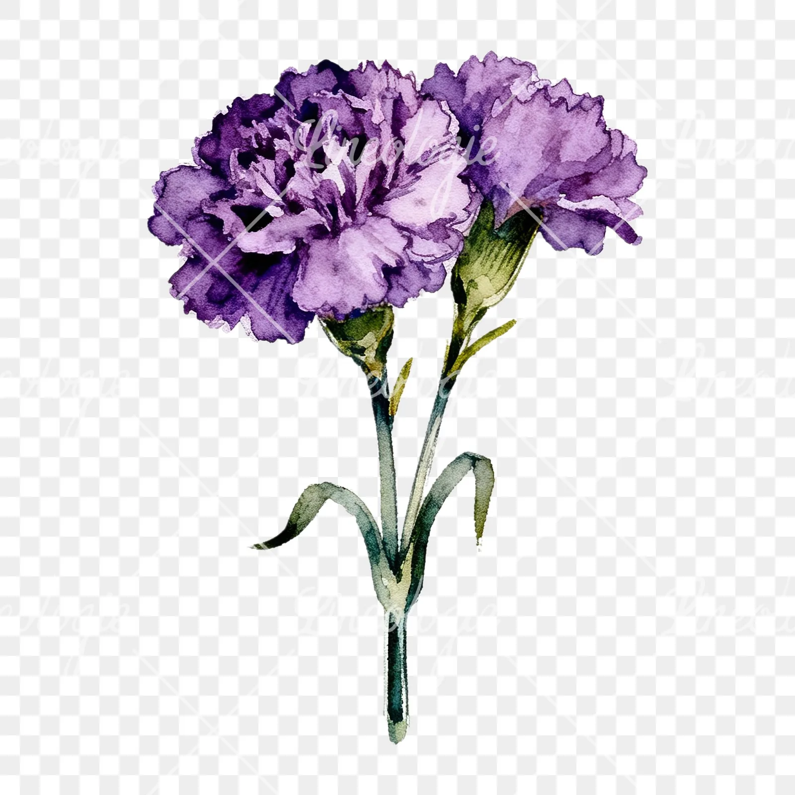Watercolor deep purple carnation bouquet clipart 6 of 9 on a transparent background (PNG)