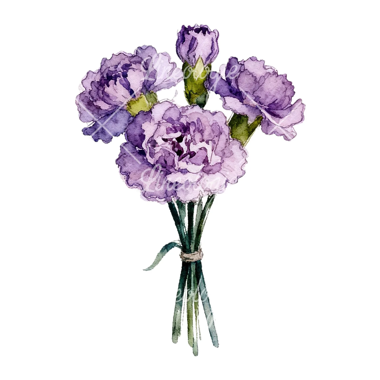 Watercolor deep purple carnation bouquet clipart 7 of 9 on a white background (JPG)