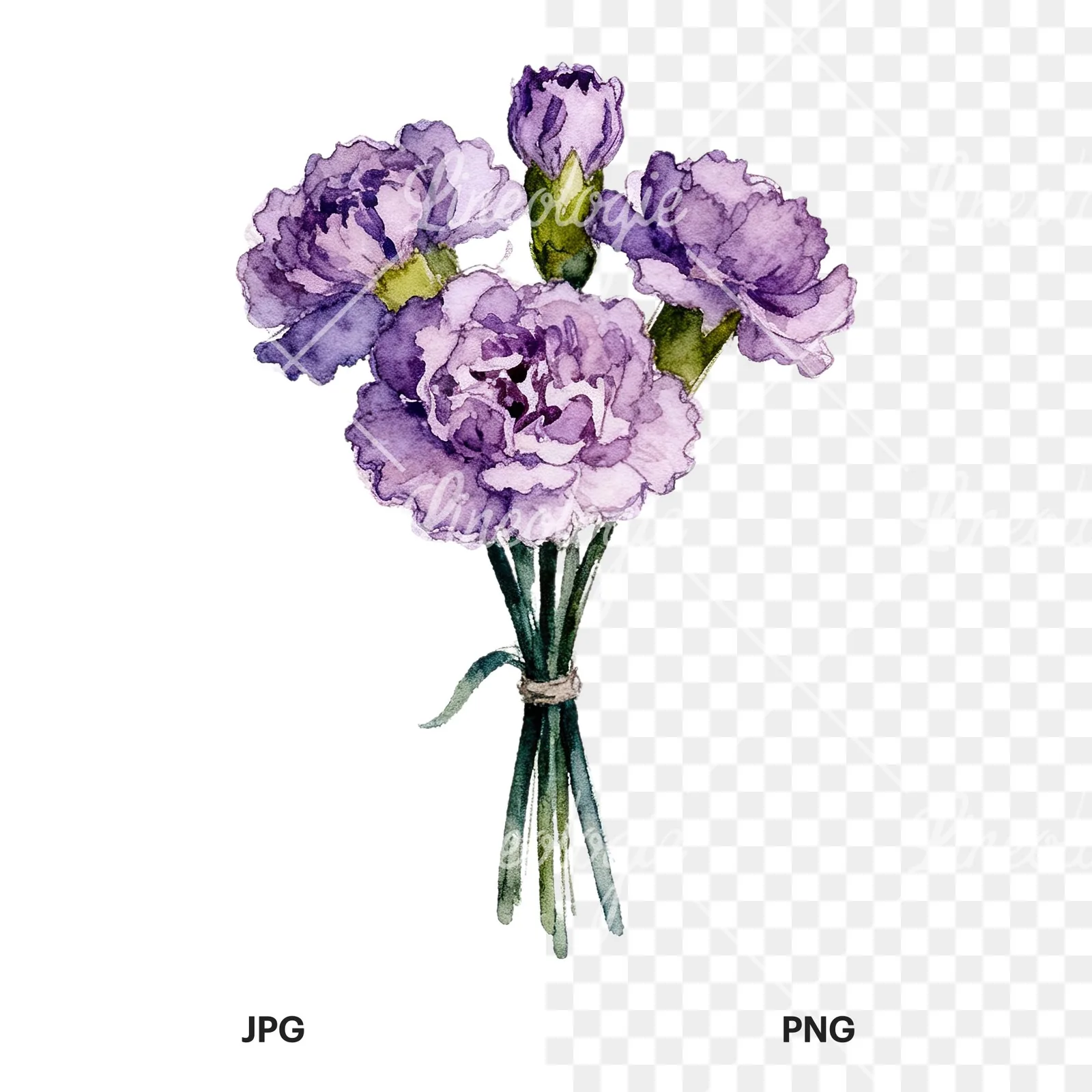 Watercolor deep purple carnation bouquet clipart 7 of 9, as a JPG on white and a transparent PNG