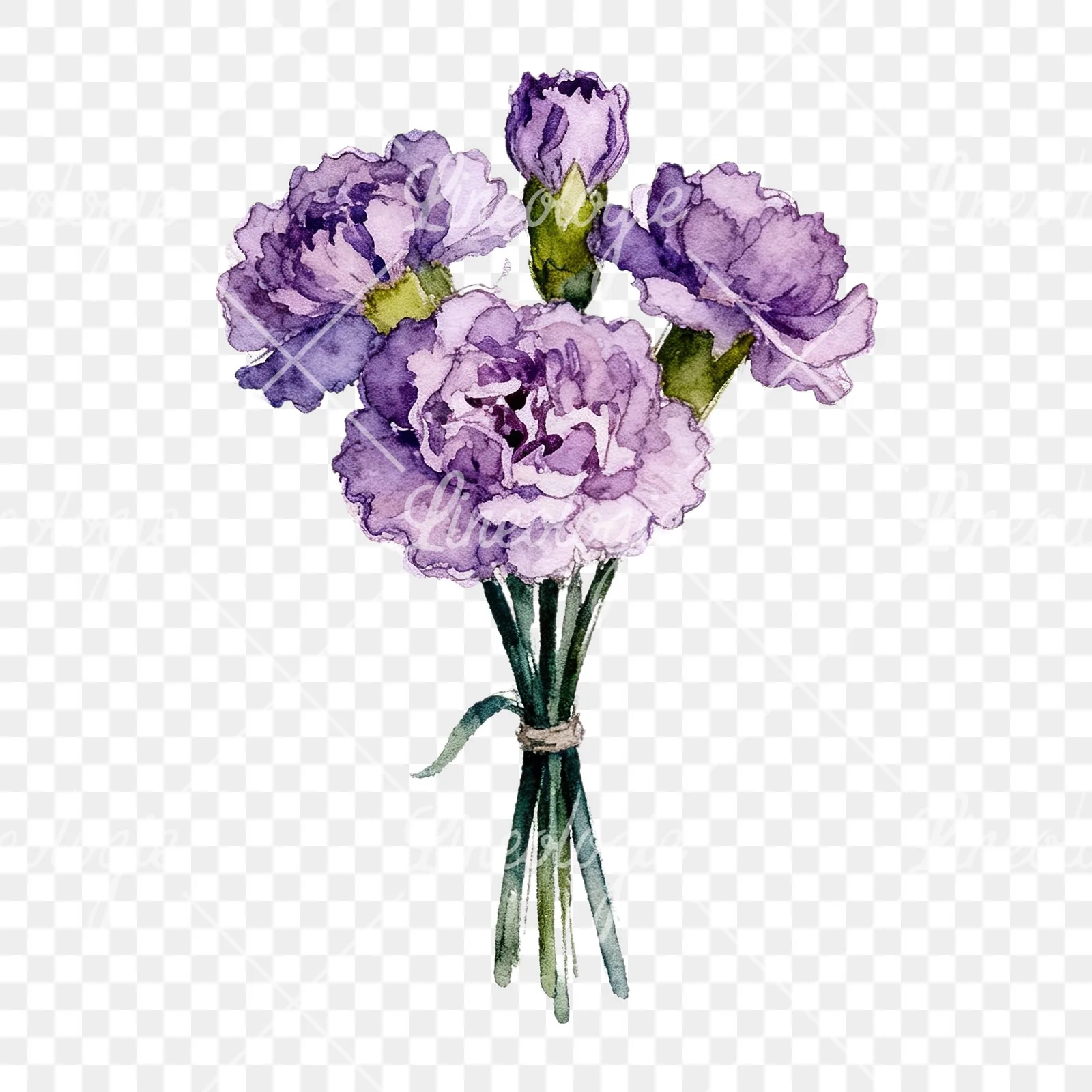 Watercolor deep purple carnation bouquet clipart 7 of 9 on a transparent background (PNG)