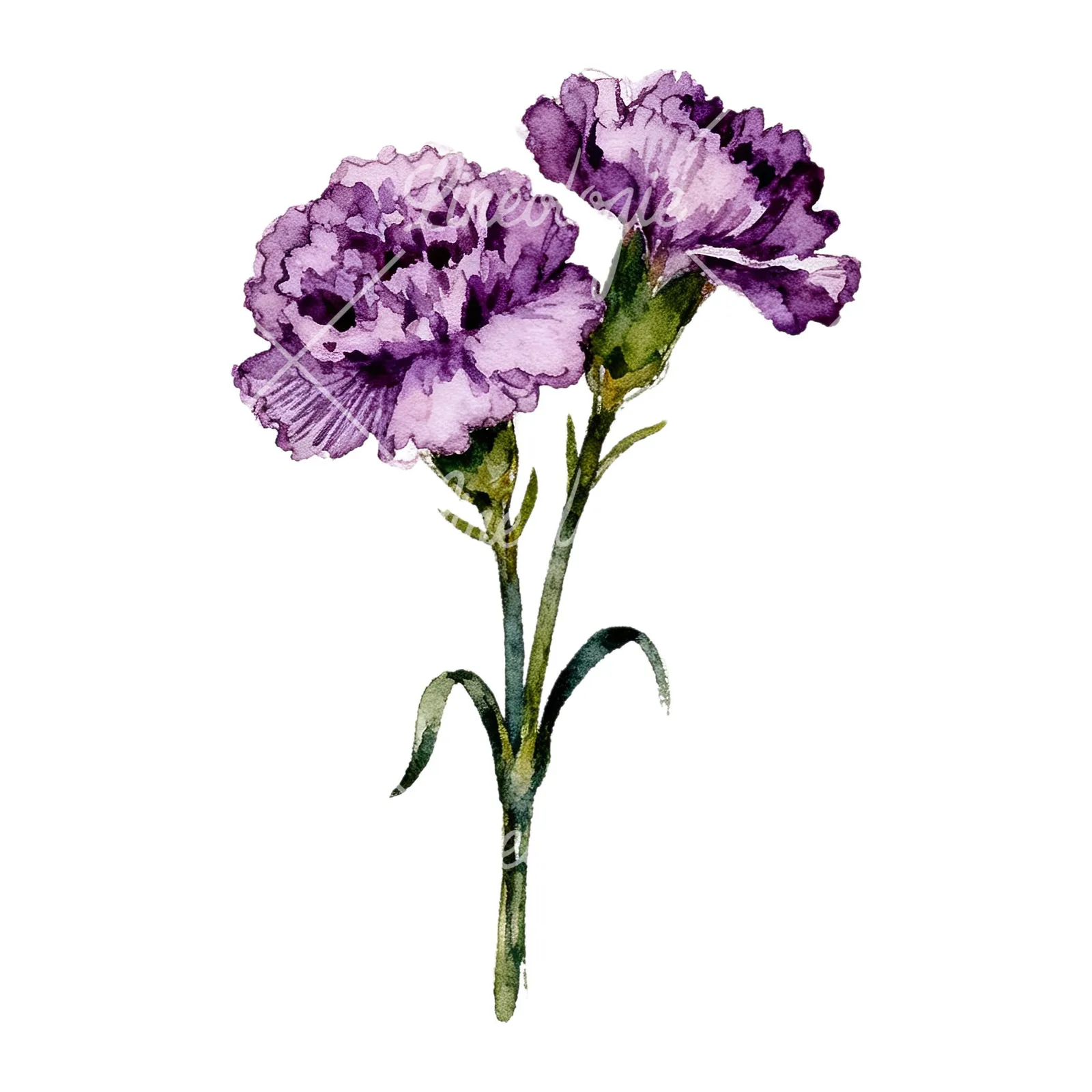 Watercolor deep purple carnation bouquet clipart 8 of 9 on a white background (JPG)