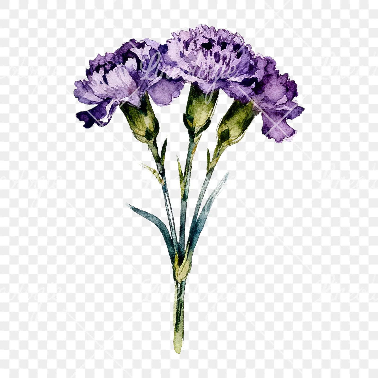 Watercolor deep purple carnation bouquet clipart 9 of 9 on a transparent background (PNG)