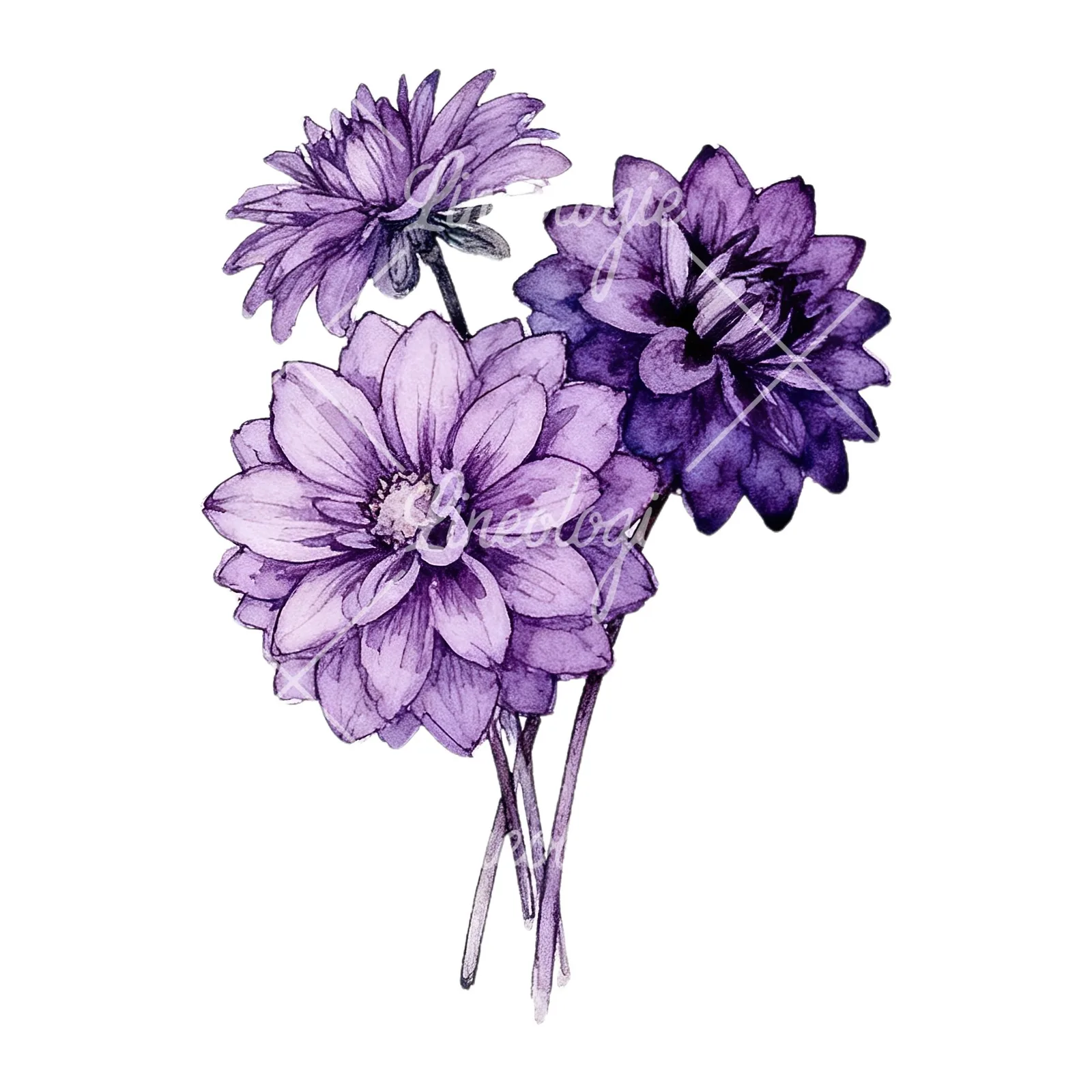 Watercolor purple dahlia bouquet clipart 2 of 9 on a white background (JPG)
