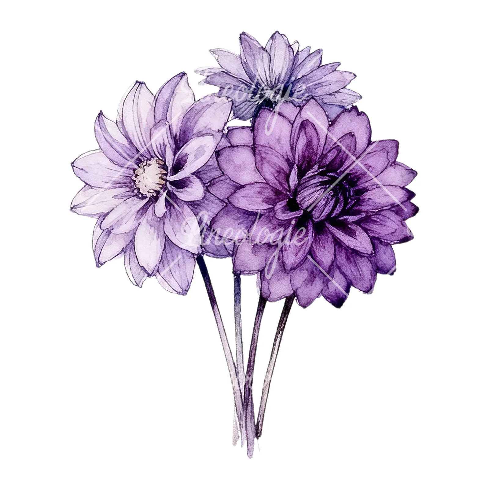 Watercolor purple dahlia bouquet clipart 5 of 9 on a white background (JPG)