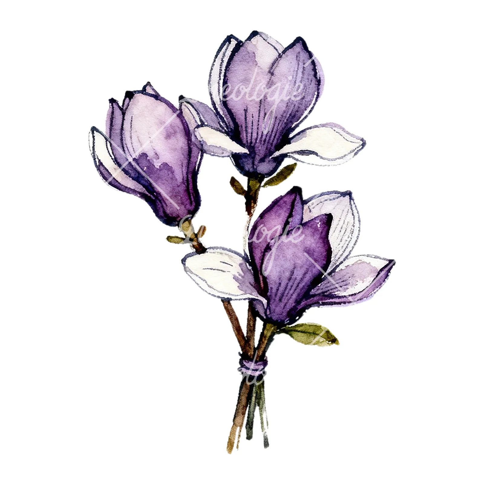 Watercolor purple magnolia bouquet clipart 1 of 9 on a white background (JPG)