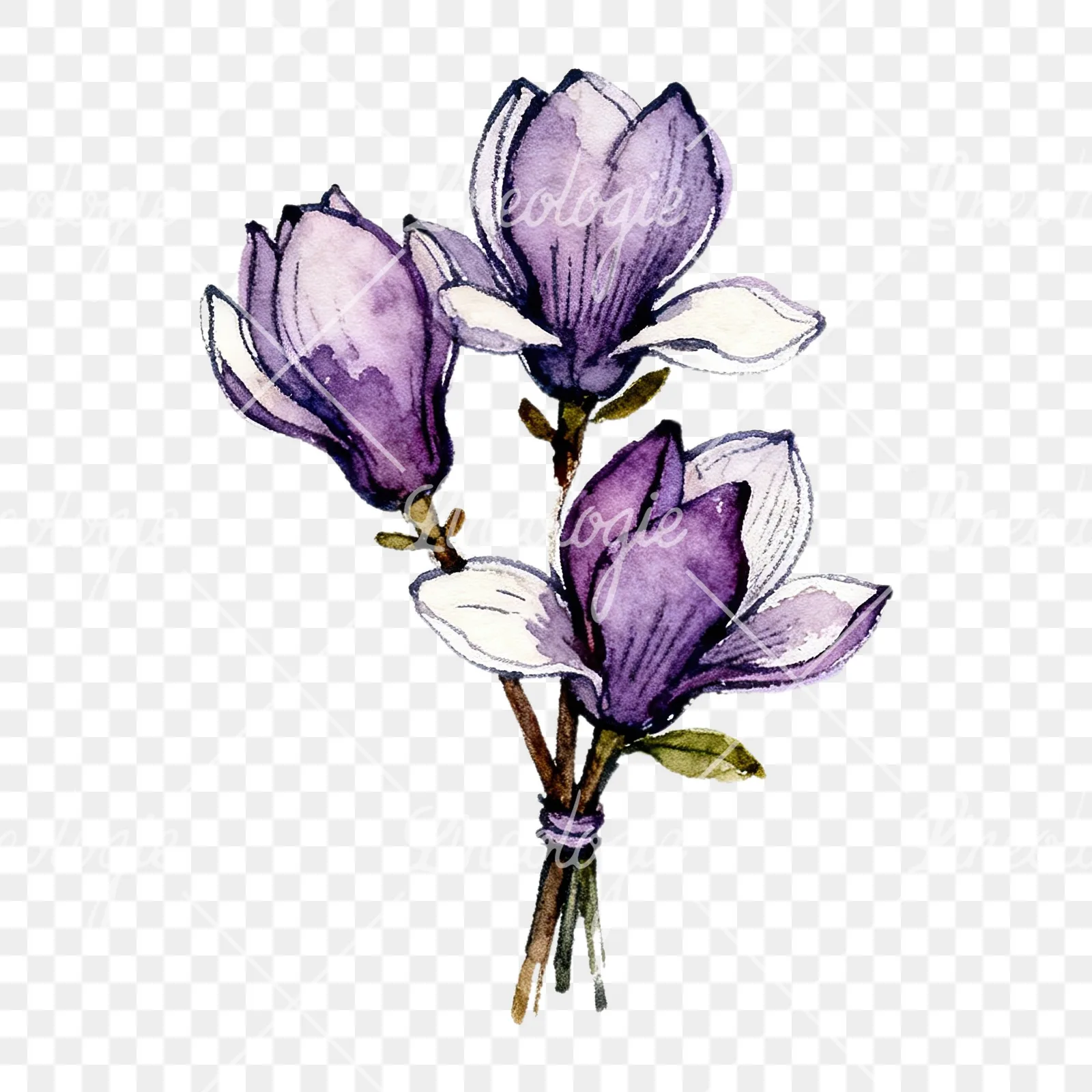 Watercolor purple magnolia bouquet clipart 1 of 9 on a transparent background (PNG)