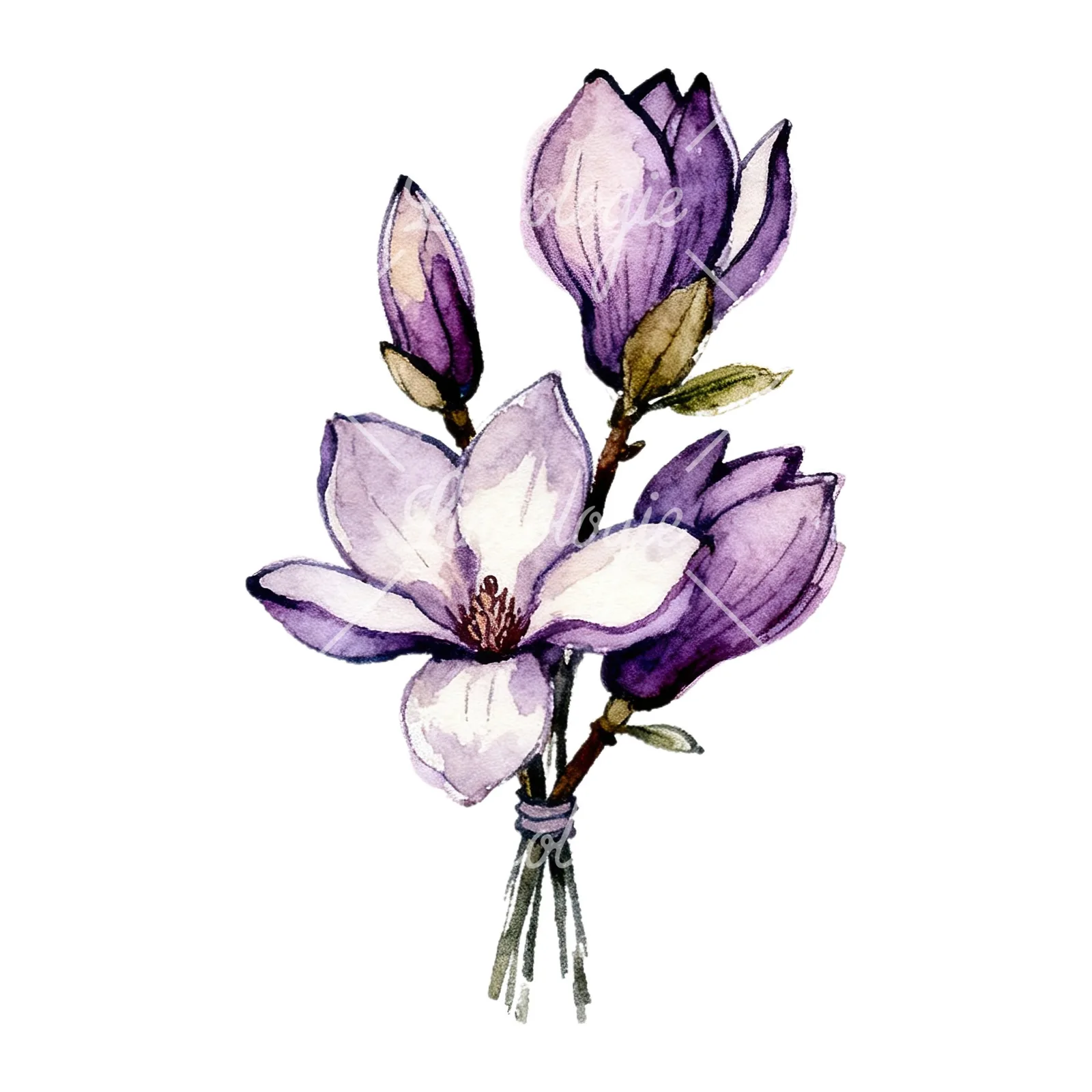 Watercolor purple magnolia bouquet clipart 3 of 9 on a white background (JPG)