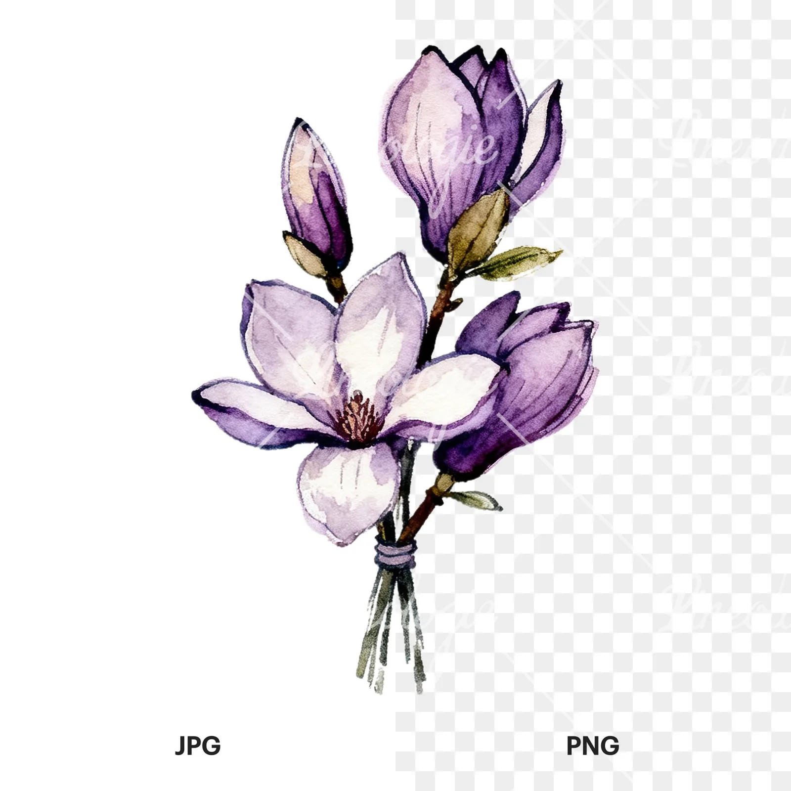Watercolor purple magnolia bouquet clipart 3 of 9, as a JPG on white and a transparent PNG