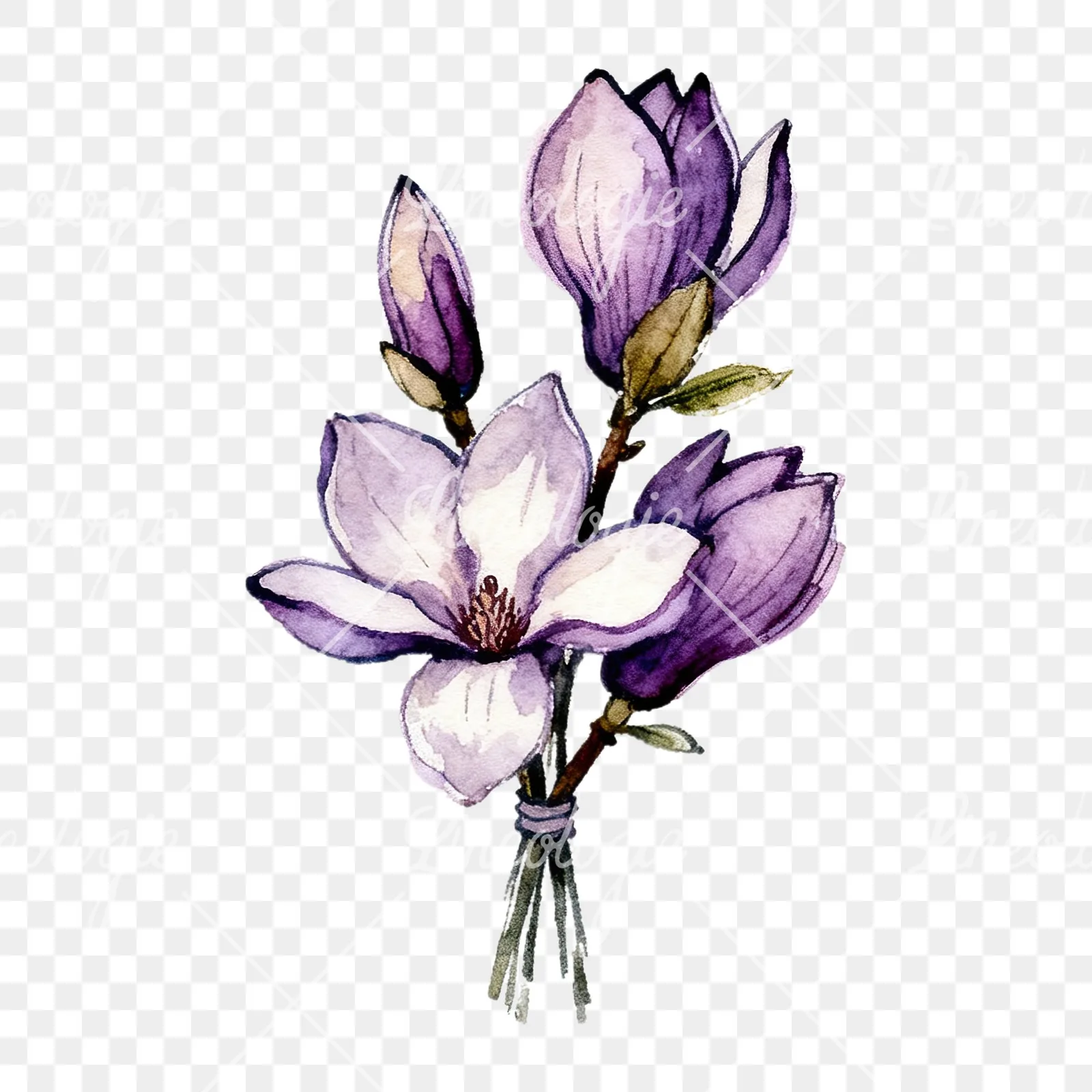 Watercolor purple magnolia bouquet clipart 3 of 9 on a transparent background (PNG)
