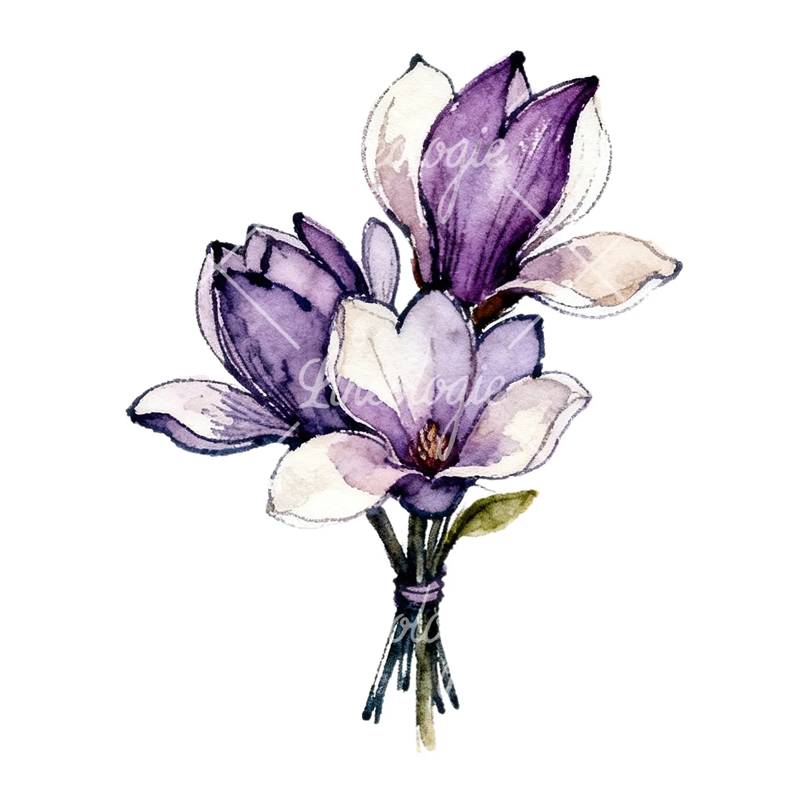 Watercolor purple magnolia bouquet clipart 4 of 9 on a white background (JPG)