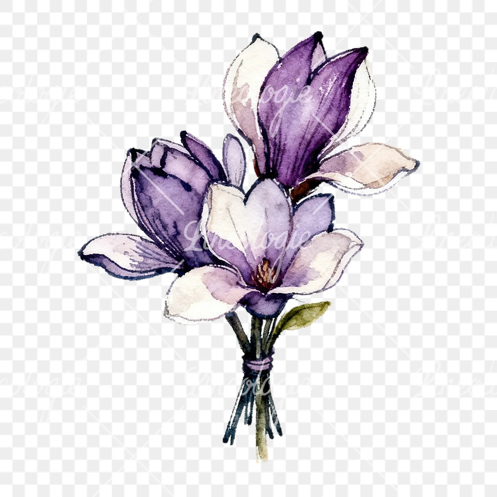 Watercolor purple magnolia bouquet clipart 4 of 9 on a transparent background (PNG)