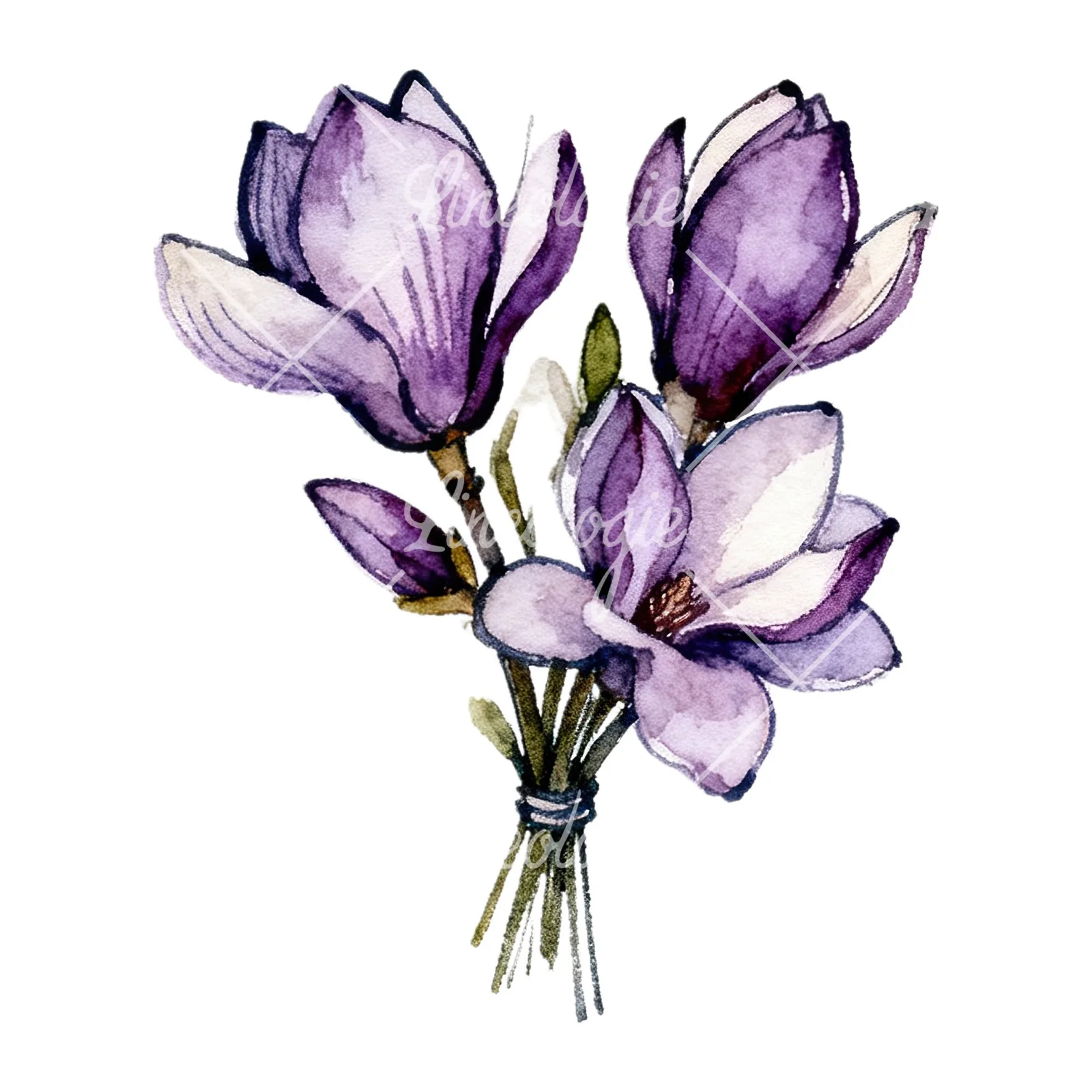 Watercolor purple magnolia bouquet clipart 6 of 9 on a white background (JPG)
