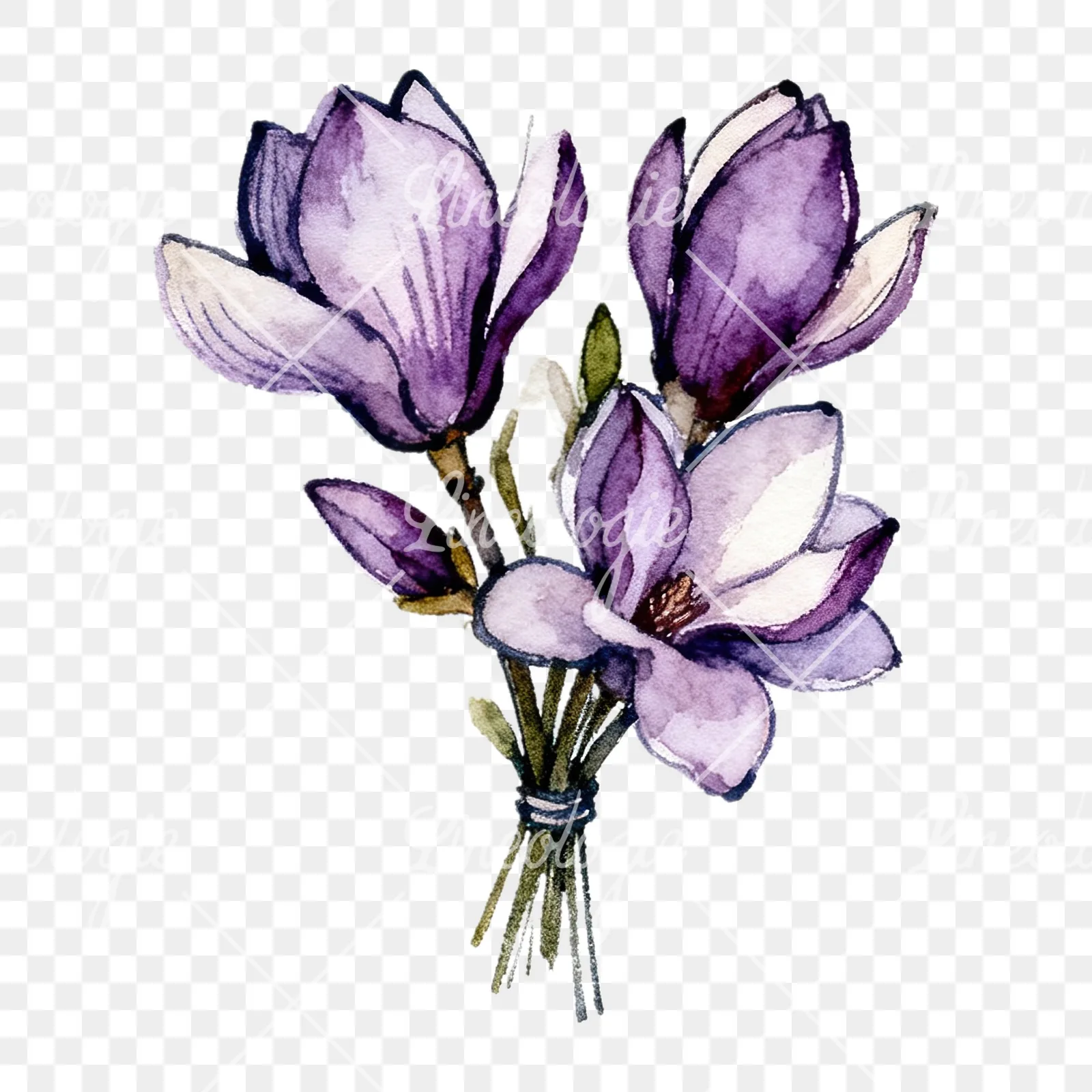 Watercolor purple magnolia bouquet clipart 6 of 9 on a transparent background (PNG)
