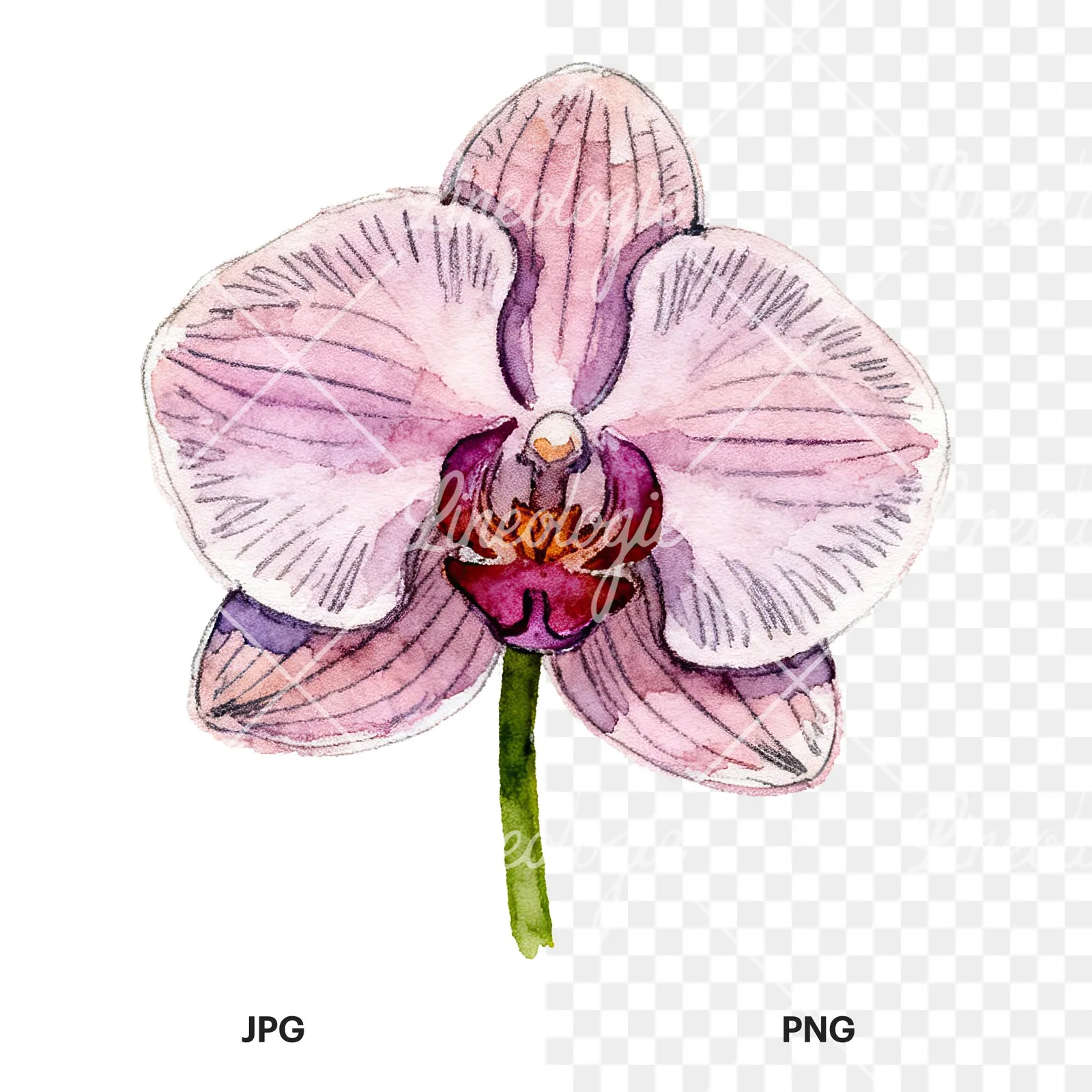 Watercolor purple orchid clipart 1 of 9, as a JPG on white and a transparent PNG