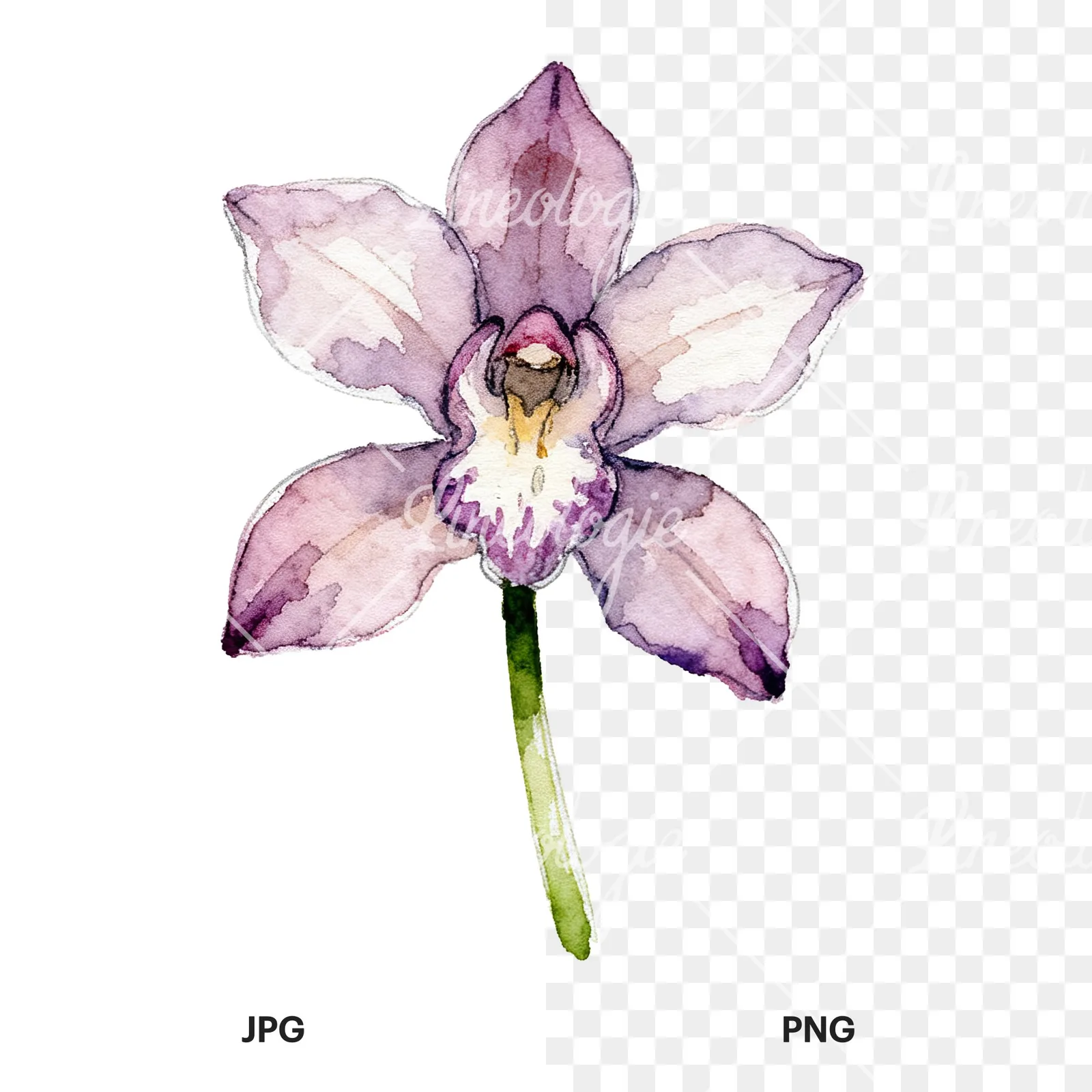 Watercolor purple orchid clipart 3 of 9, as a JPG on white and a transparent PNG