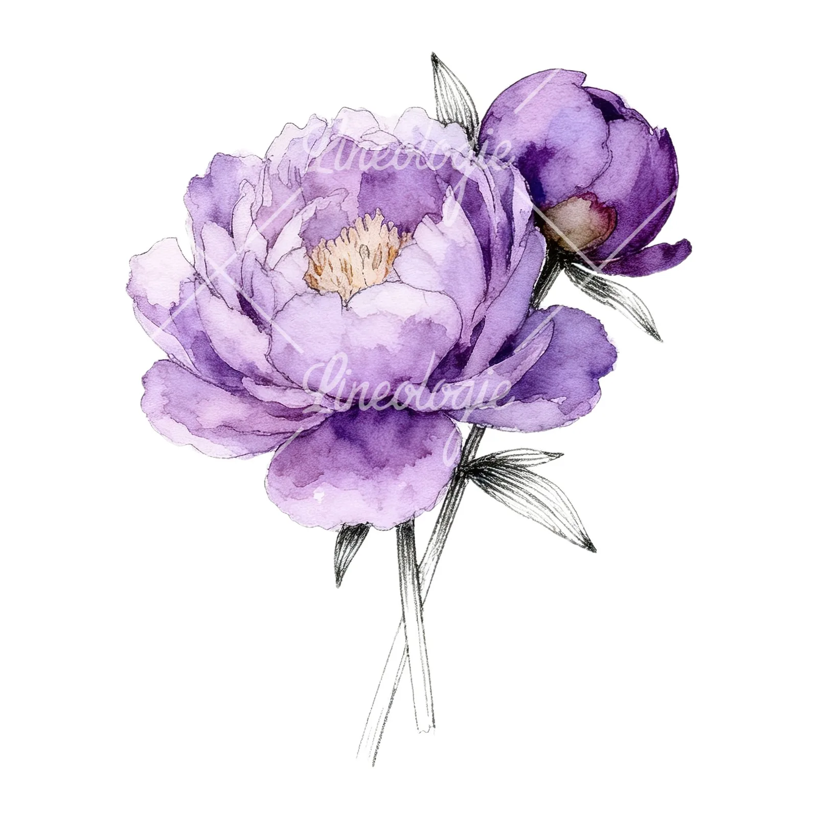 Watercolor light lavender purple peony bouquet clipart 3 of 9 on a white background (JPG)