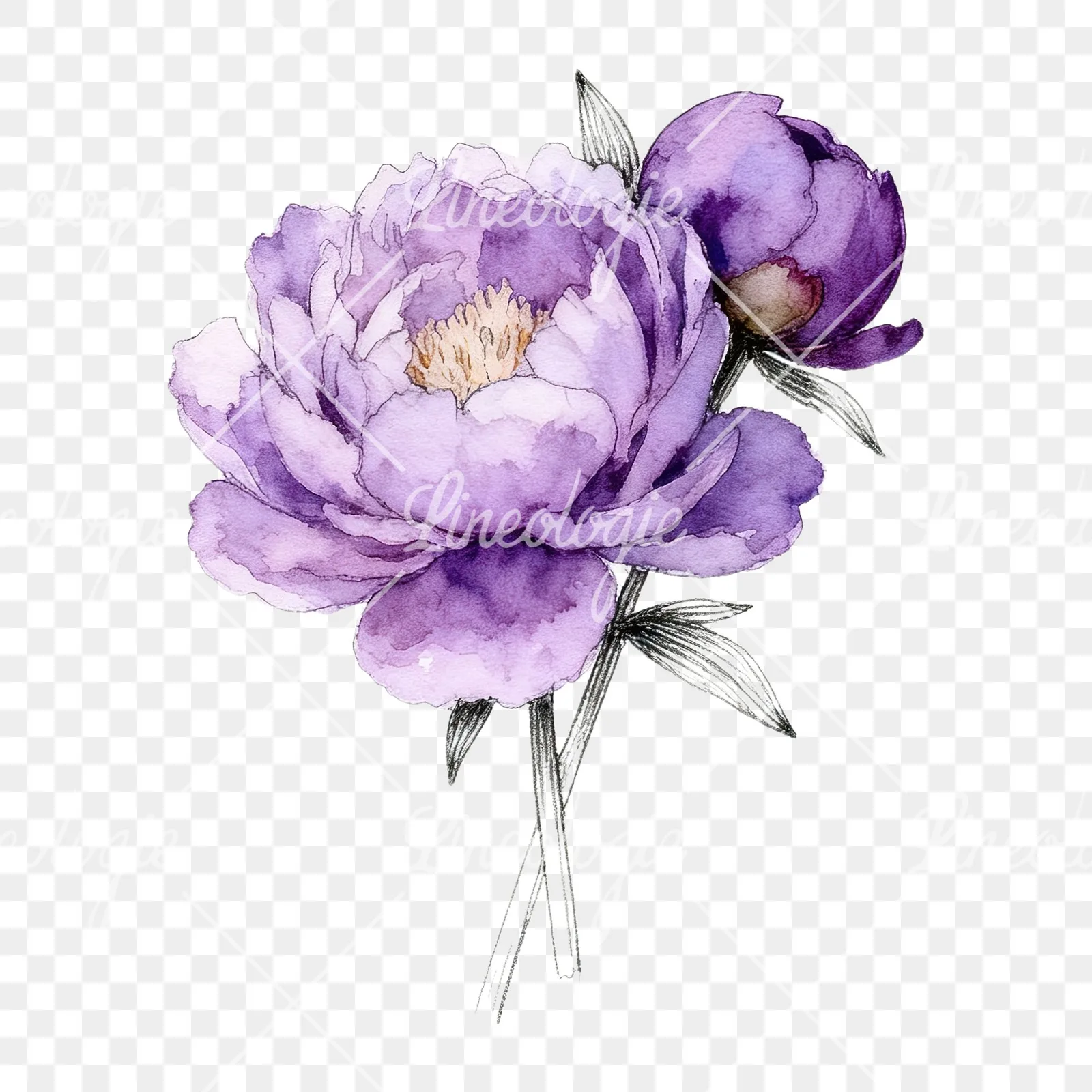 Watercolor light lavender purple peony bouquet clipart 3 of 9 on a transparent background (PNG)