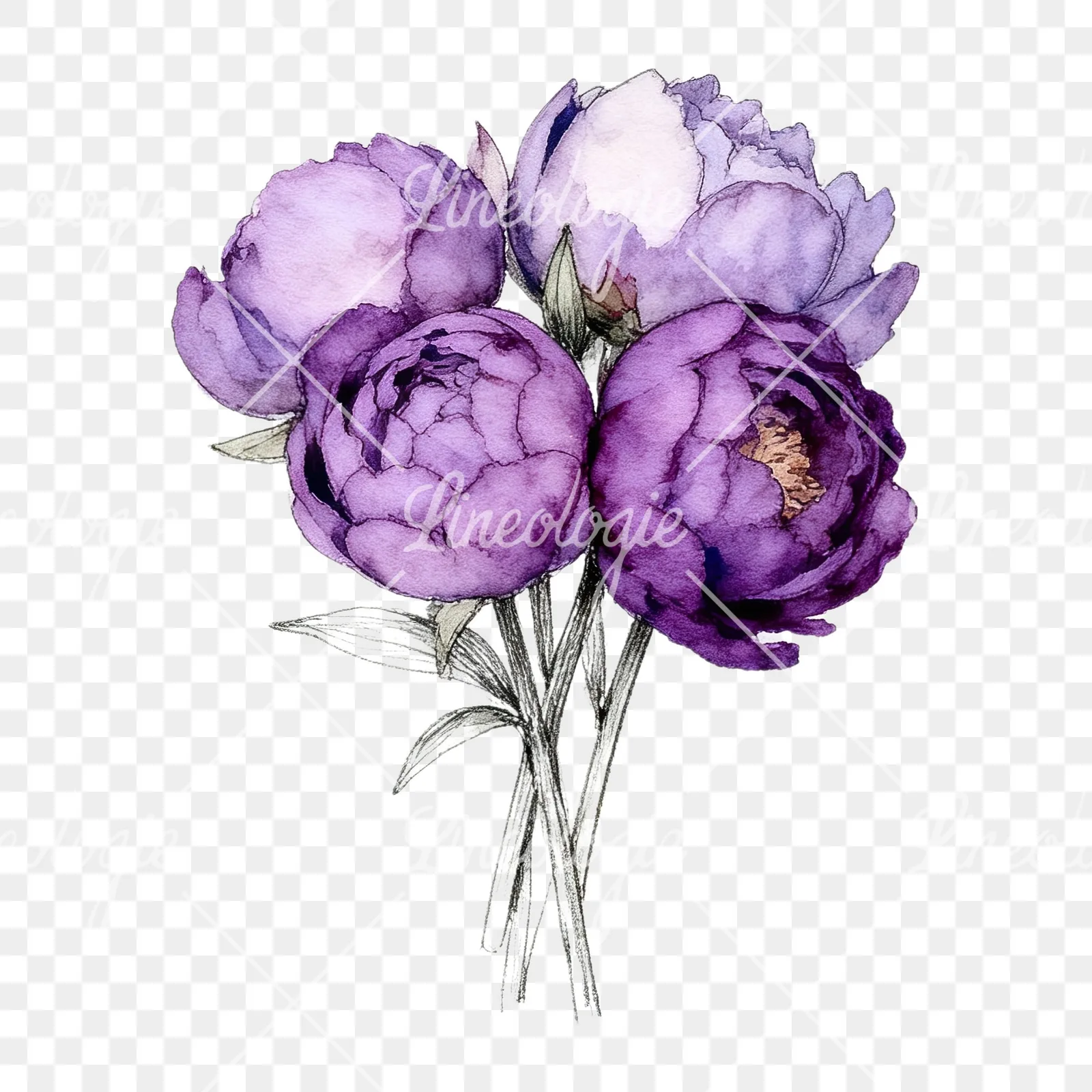 Watercolor light lavender purple peony bouquet clipart 6 of 9 on a transparent background (PNG)