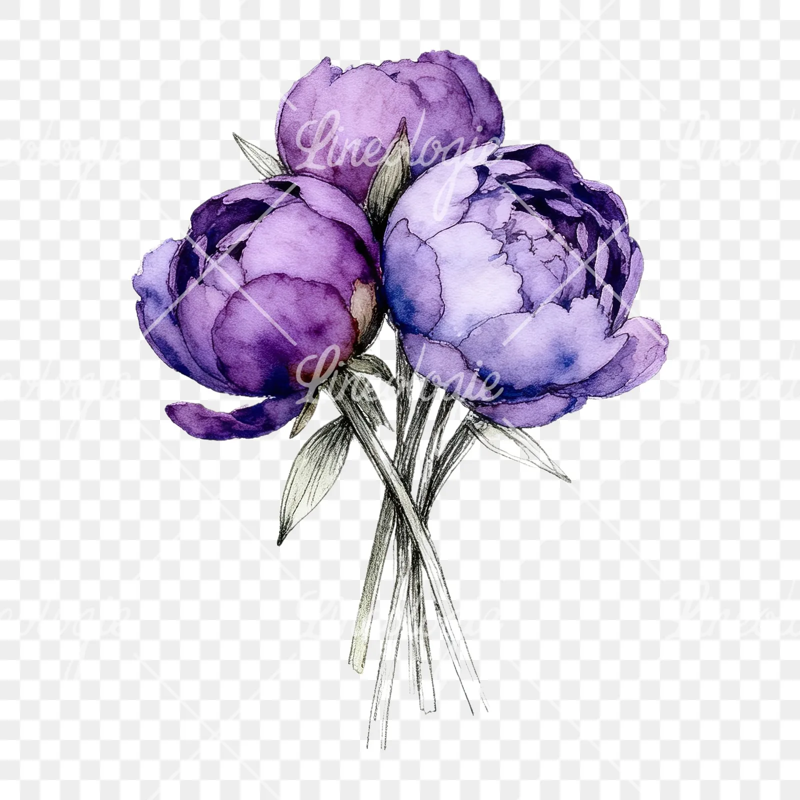Watercolor light lavender purple peony bouquet clipart 7 of 9 on a transparent background (PNG)