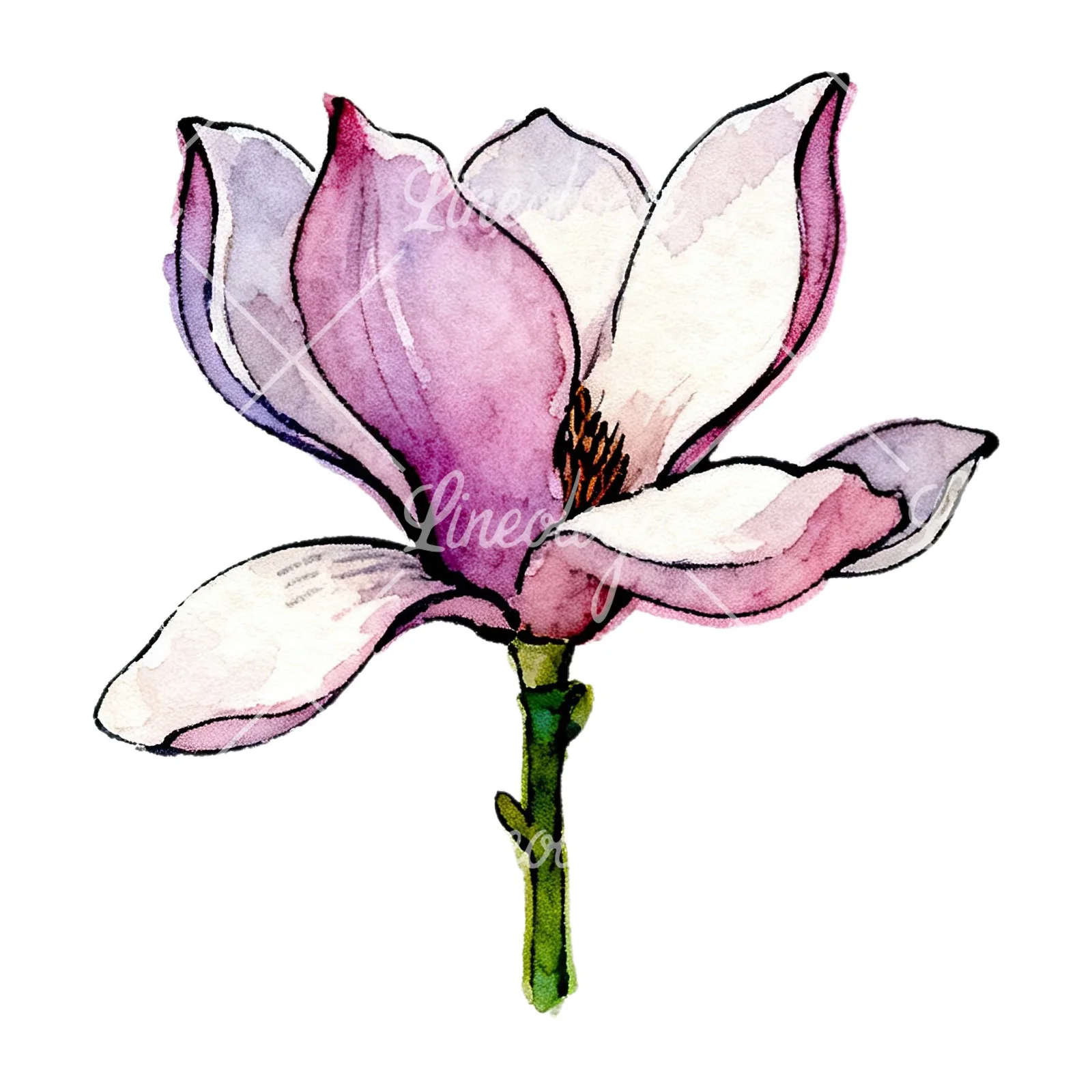 Watercolor purple pink magnolia clipart 4 of 9 on a white background (JPG)