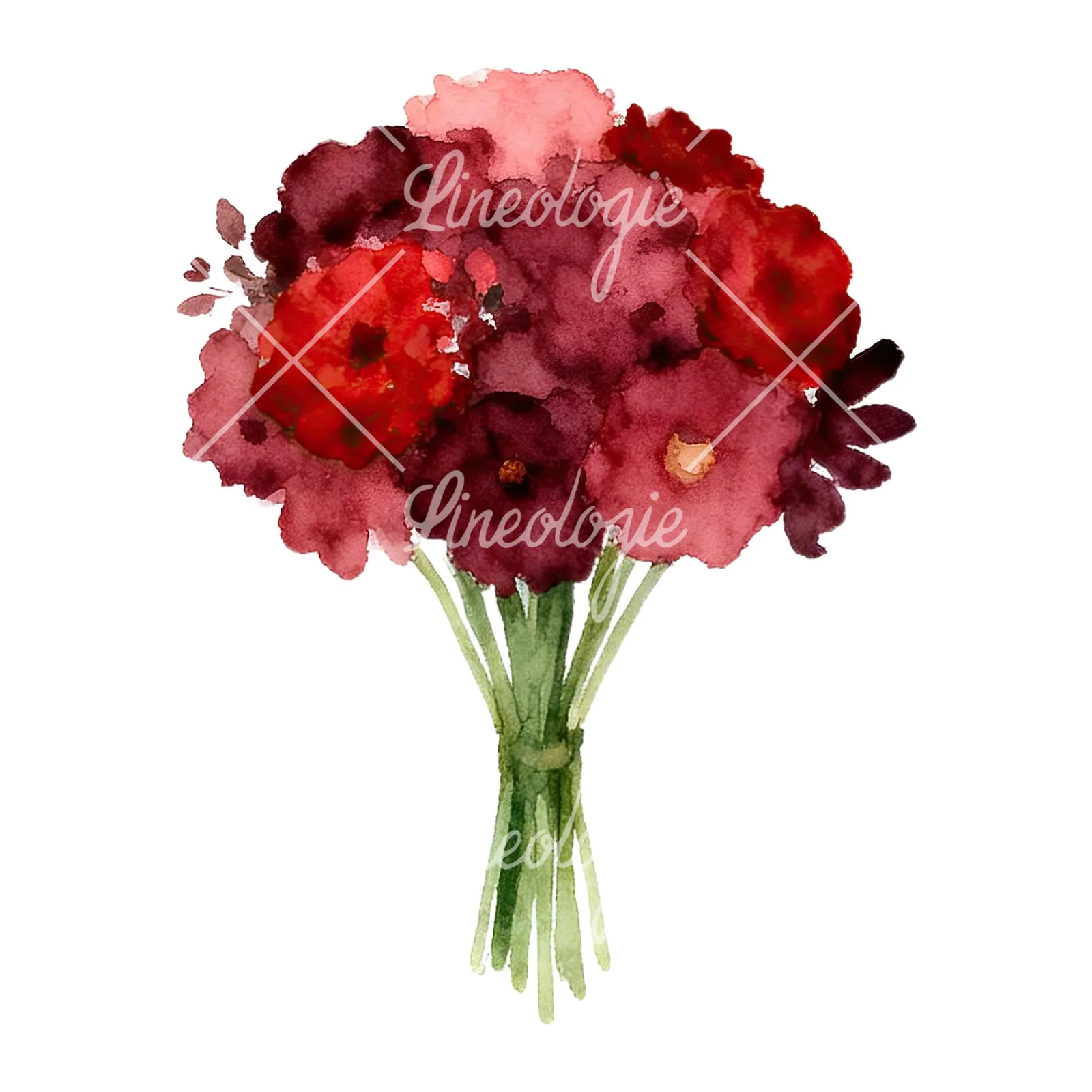 Watercolor rounded red and burgundy wedding bouquet clipart 1 of 9 on a white background (JPG)