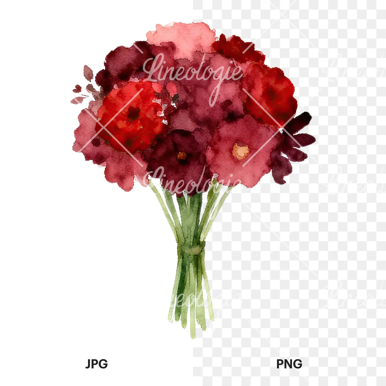 Watercolor rounded red and burgundy wedding bouquet clipart 1 of 9, as a JPG on white and a transparent PNG