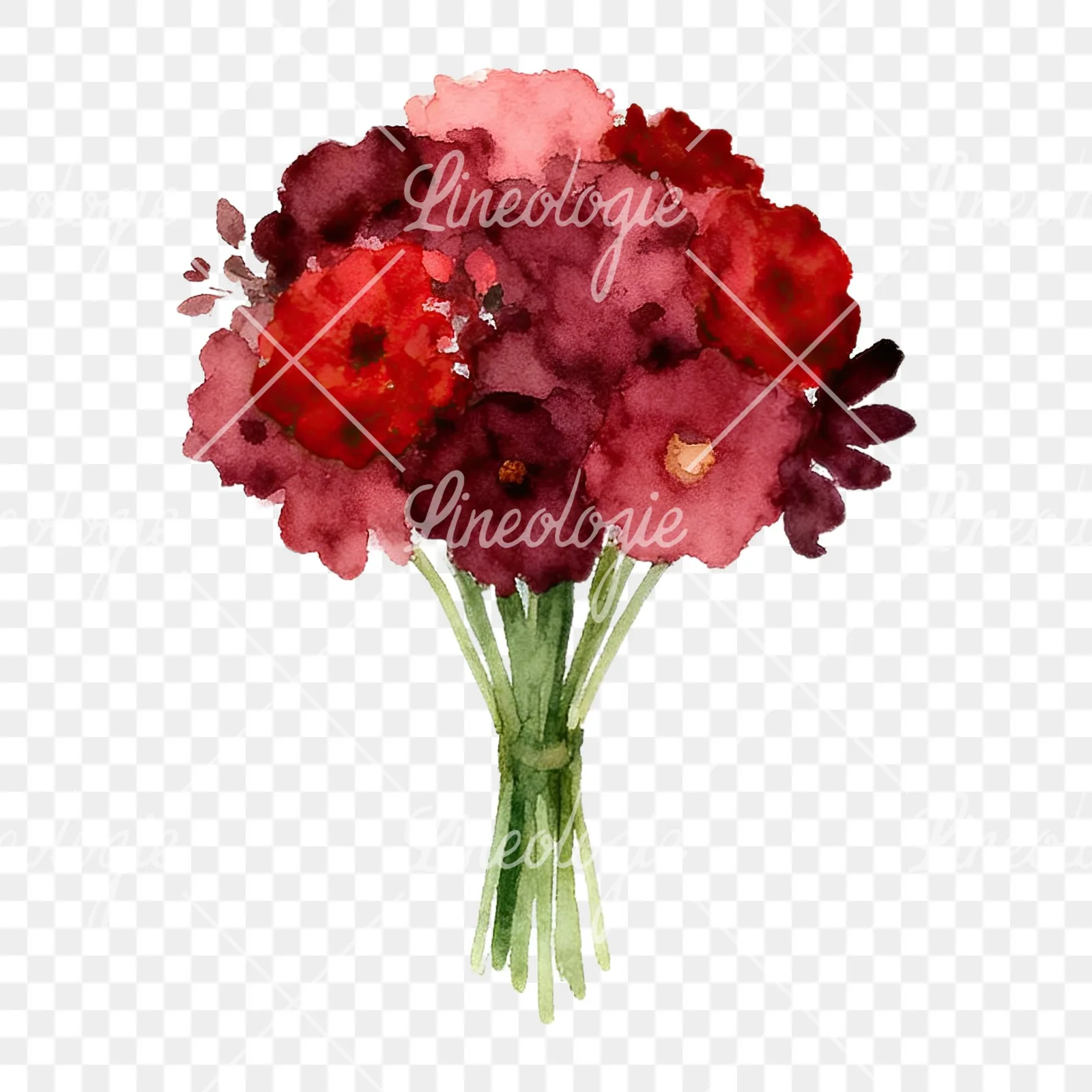 Watercolor rounded red and burgundy wedding bouquet clipart 1 of 9 on a transparent background (PNG)