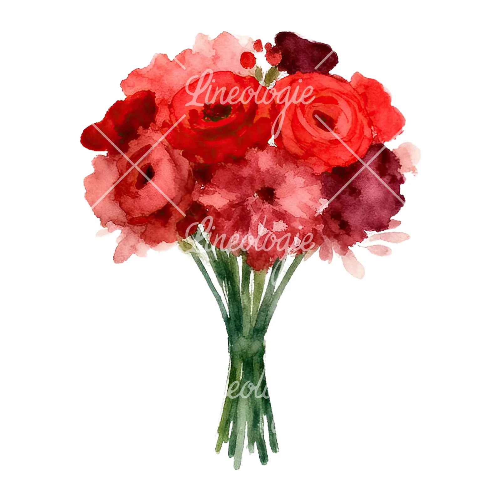 Watercolor rounded red and burgundy wedding bouquet clipart 2 of 9 on a white background (JPG)